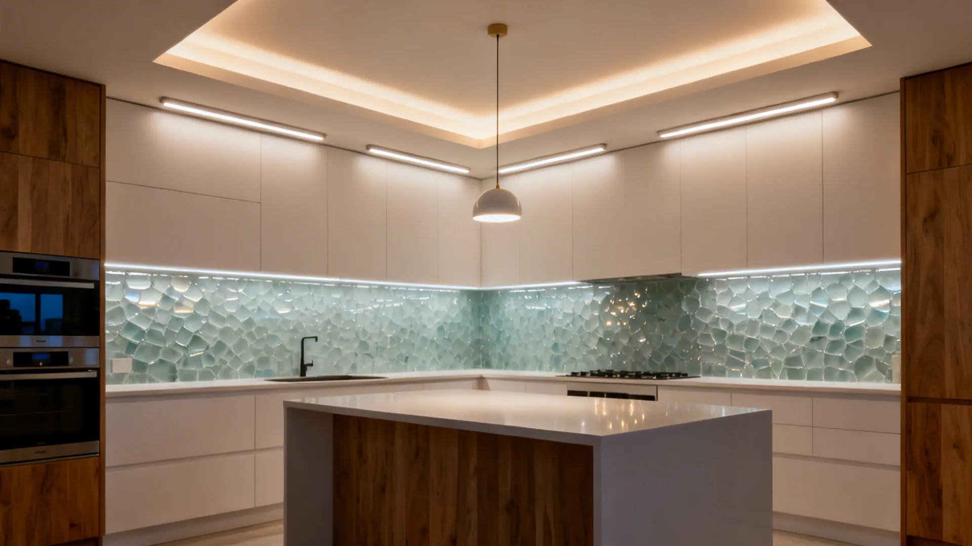 Small kitchen with task LEDs, ambient ceiling glow, and a pendant over the peninsula in warm light.