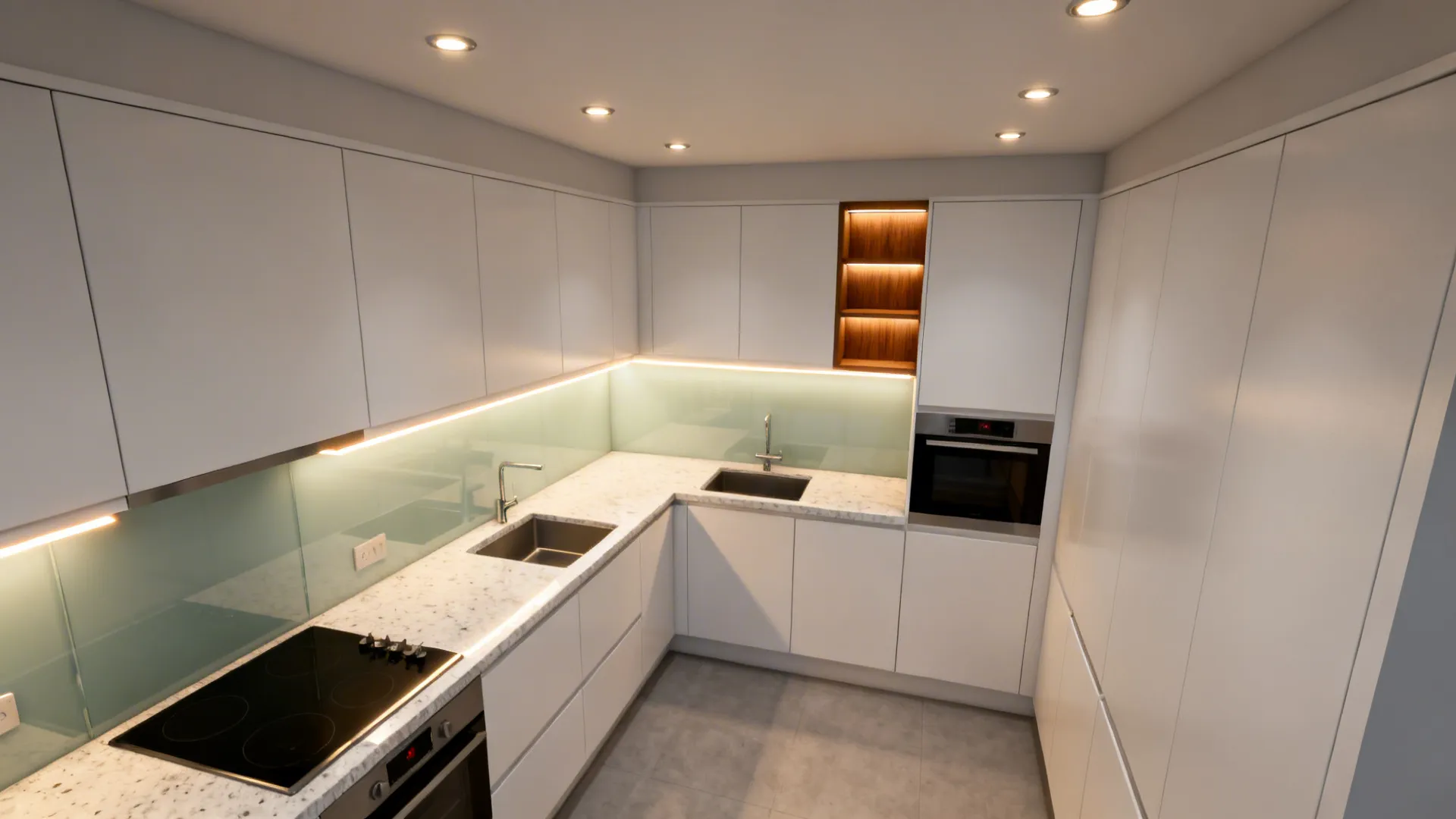Top-down view showing ambient downlights and warm under-cabinet LEDs illuminating compact worktops.