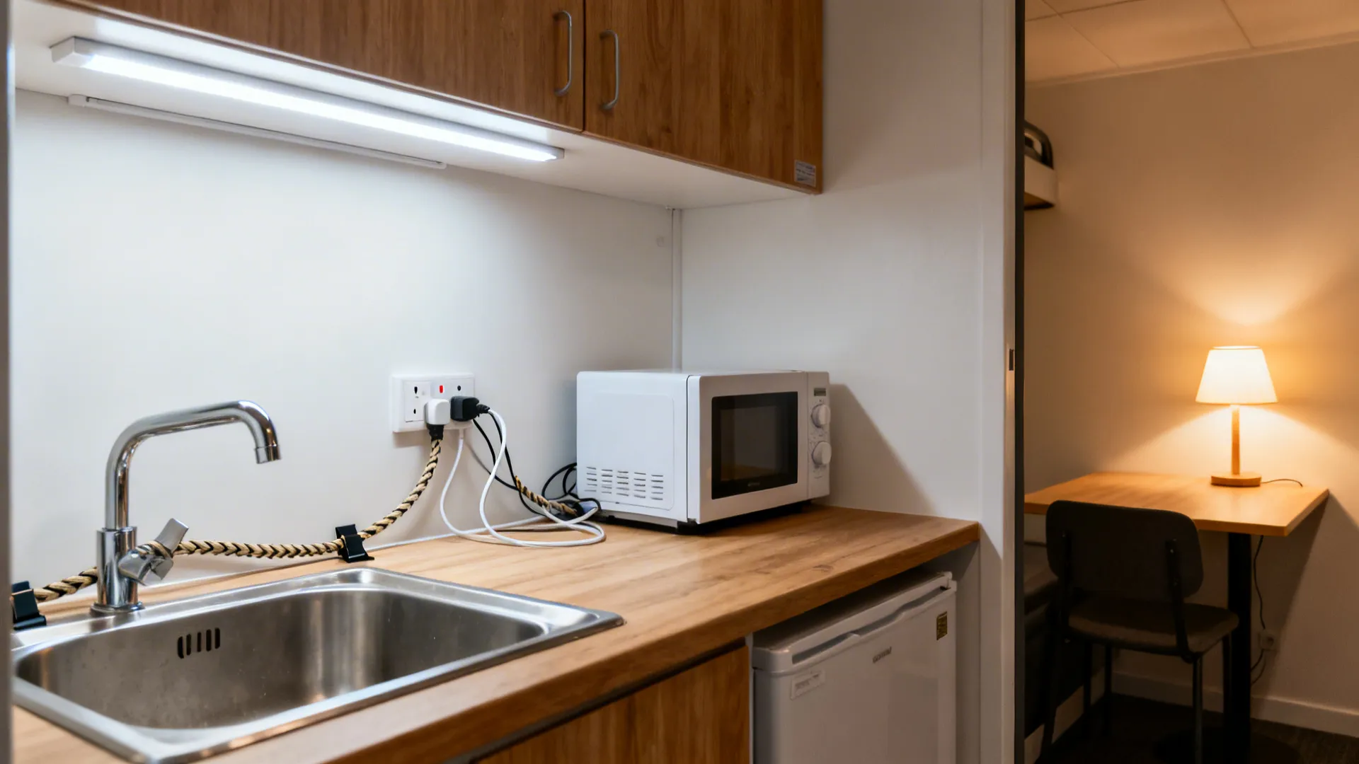 Under-cabinet LED task lights with a warm table lamp and safe outlets in a small kitchen.
