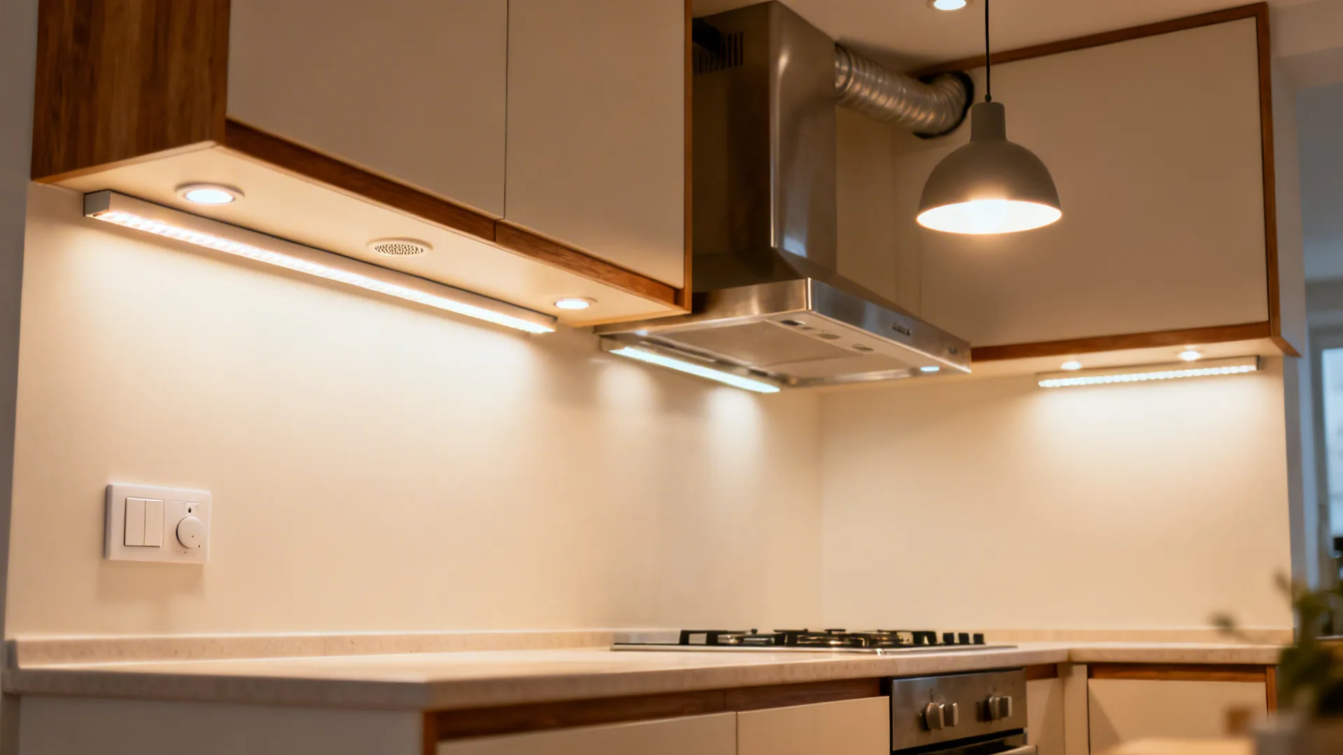 Compact kitchen with task strips, dimmable ambient lighting, a focused pendant, and a deep-capture hood.