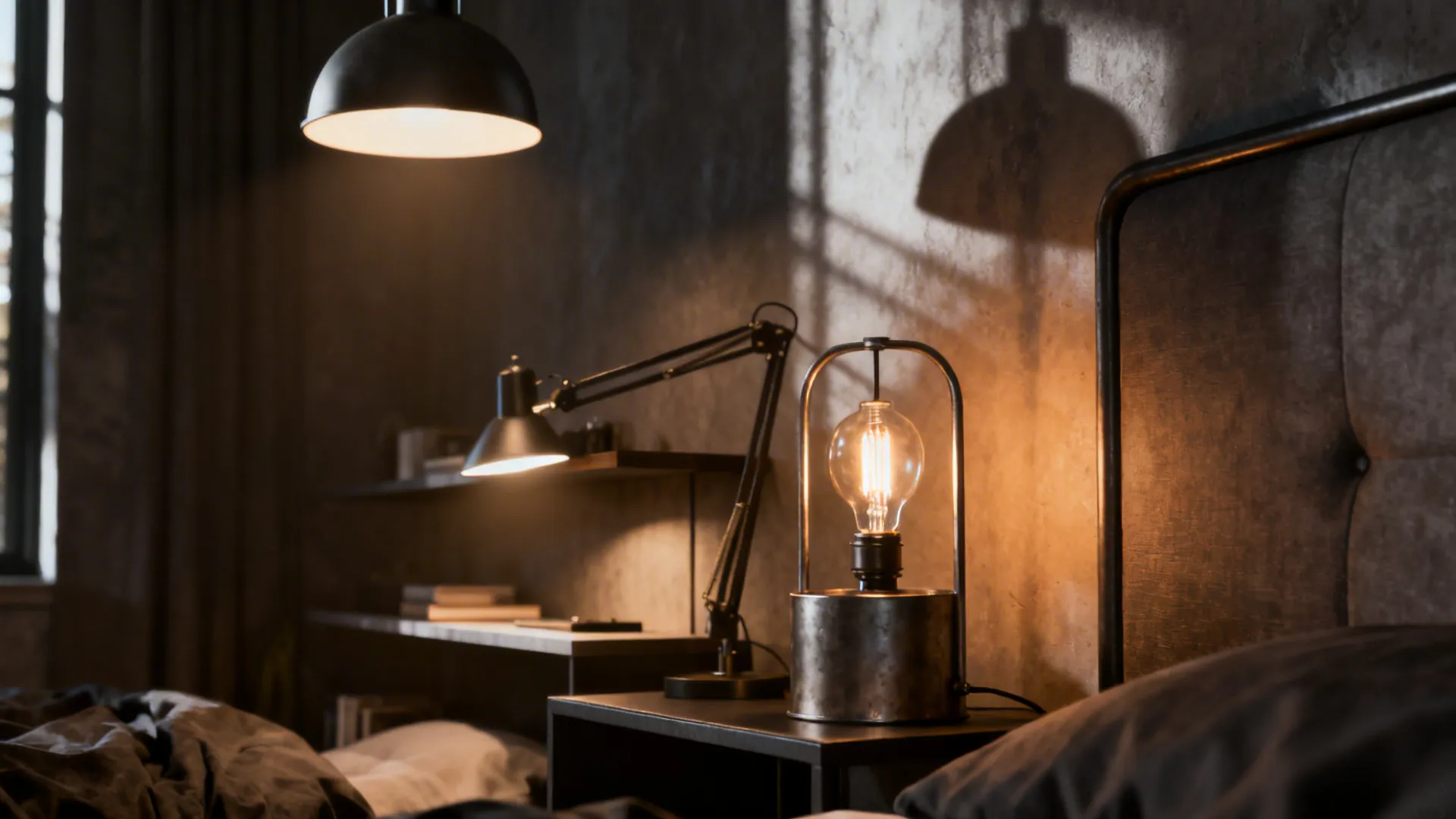 Dark bedroom with ceiling light fixture, black desk lamp, and table light on bedside table