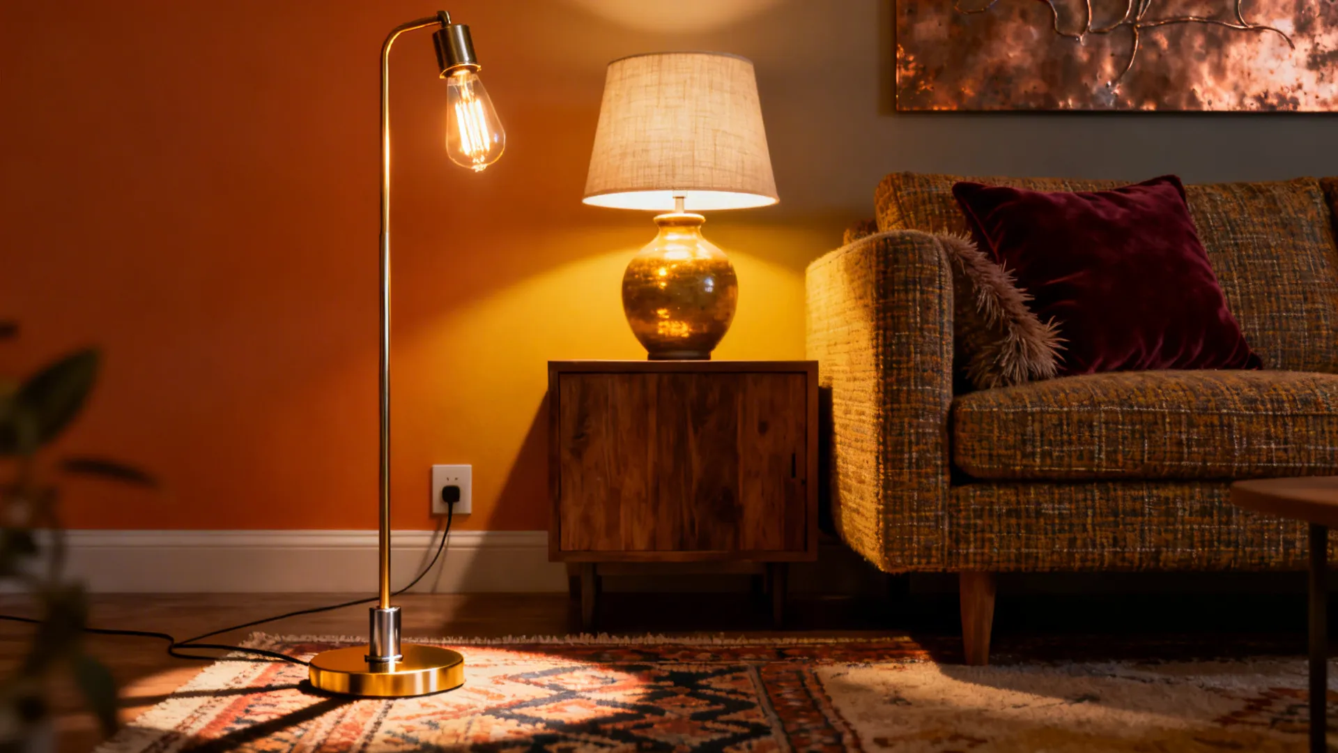Living room corner with layered lighting: floor lamp, table lamp, and dimmed overhead