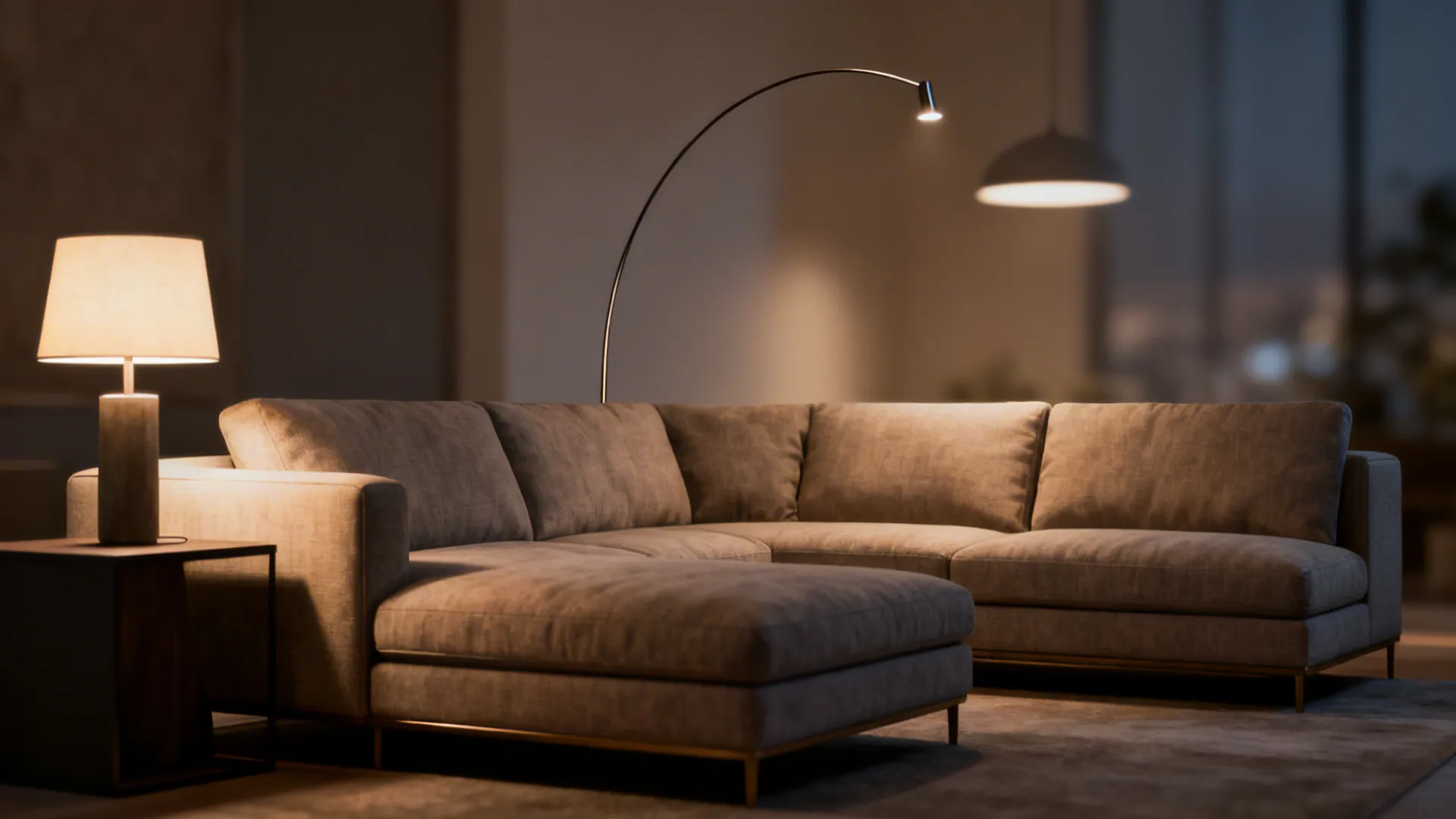 Layered lighting with an arc floor lamp over a chaise, table lamp and pendant creating depth around the sectional.