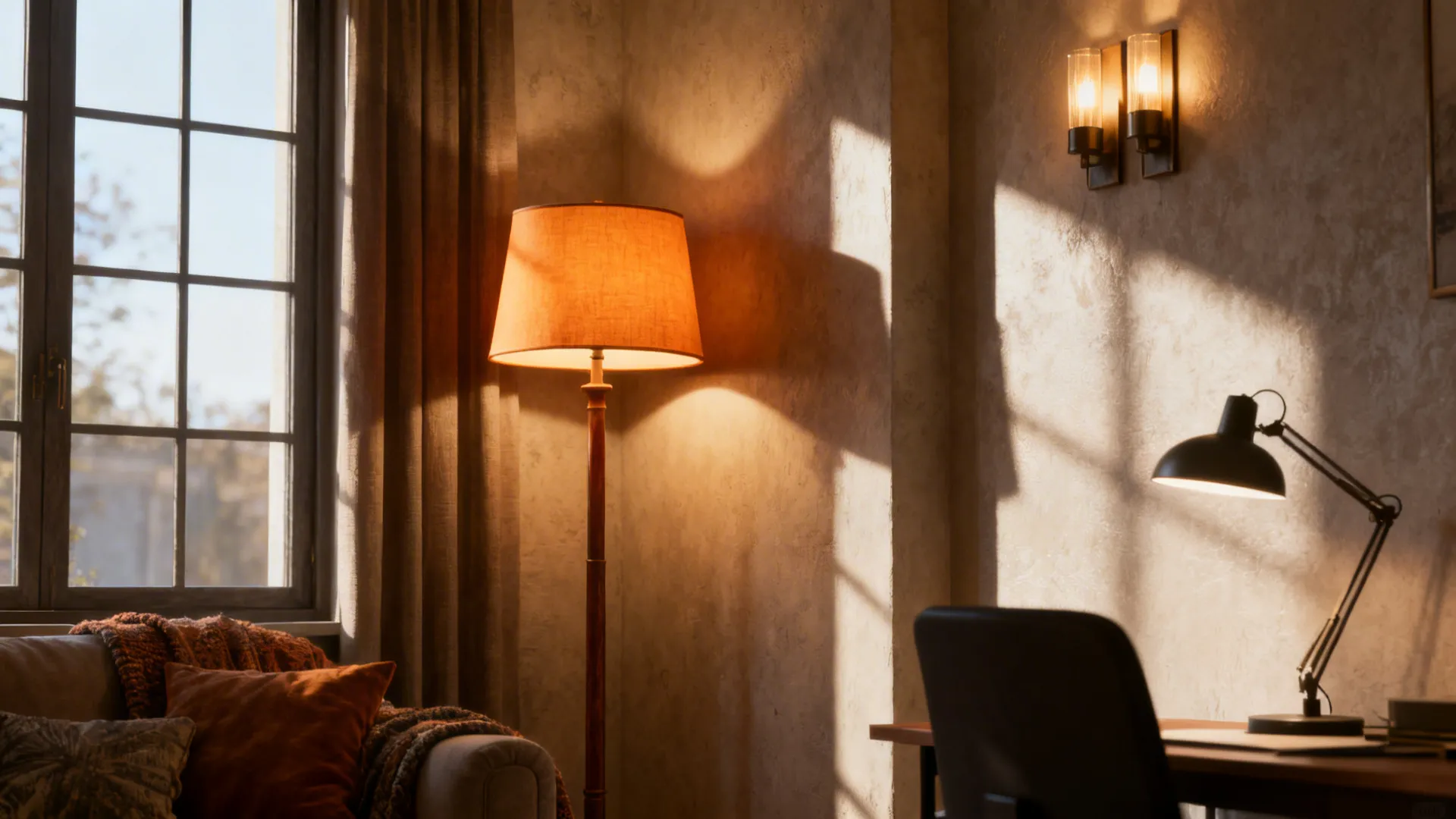 Corner of a living room with floor lamp, wall sconces and task lamp creating layered lighting.