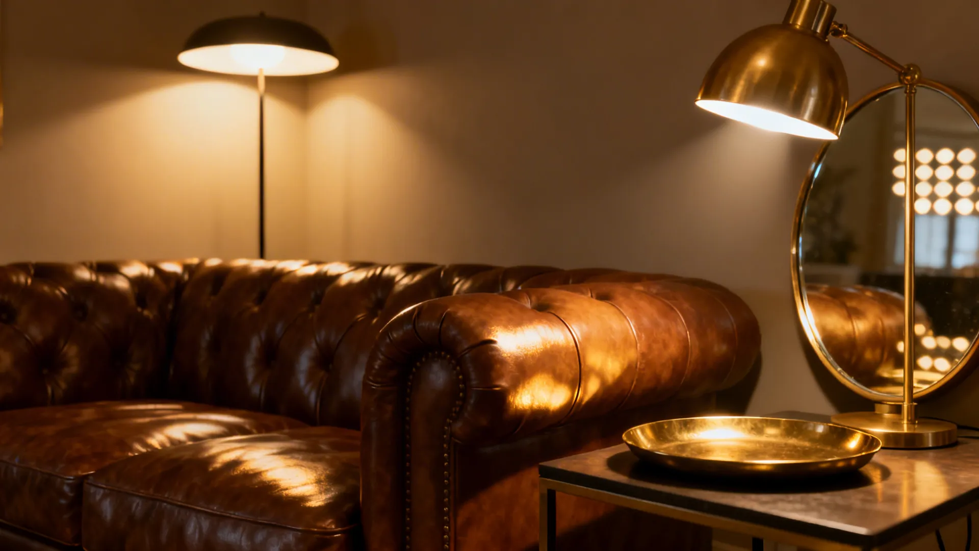Living room showing layered lighting and a mirror making a brown leather couch glow.
