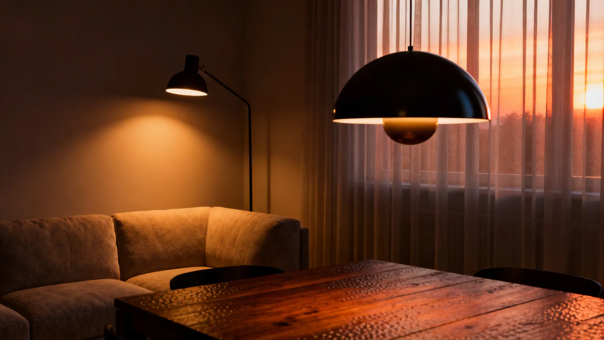 Layered lighting with floor lamp in lounge and pendant above dining table creating distinct moods