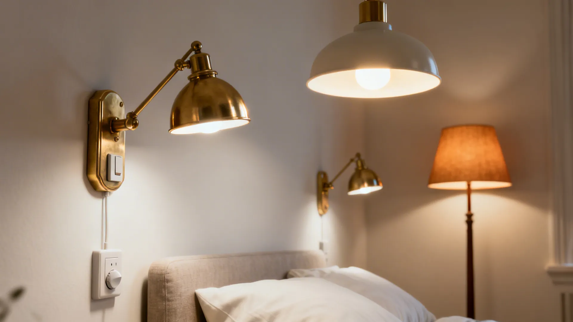 Layered bedside lighting with brass sconces and a warm floor lamp creating an atmospheric glow.