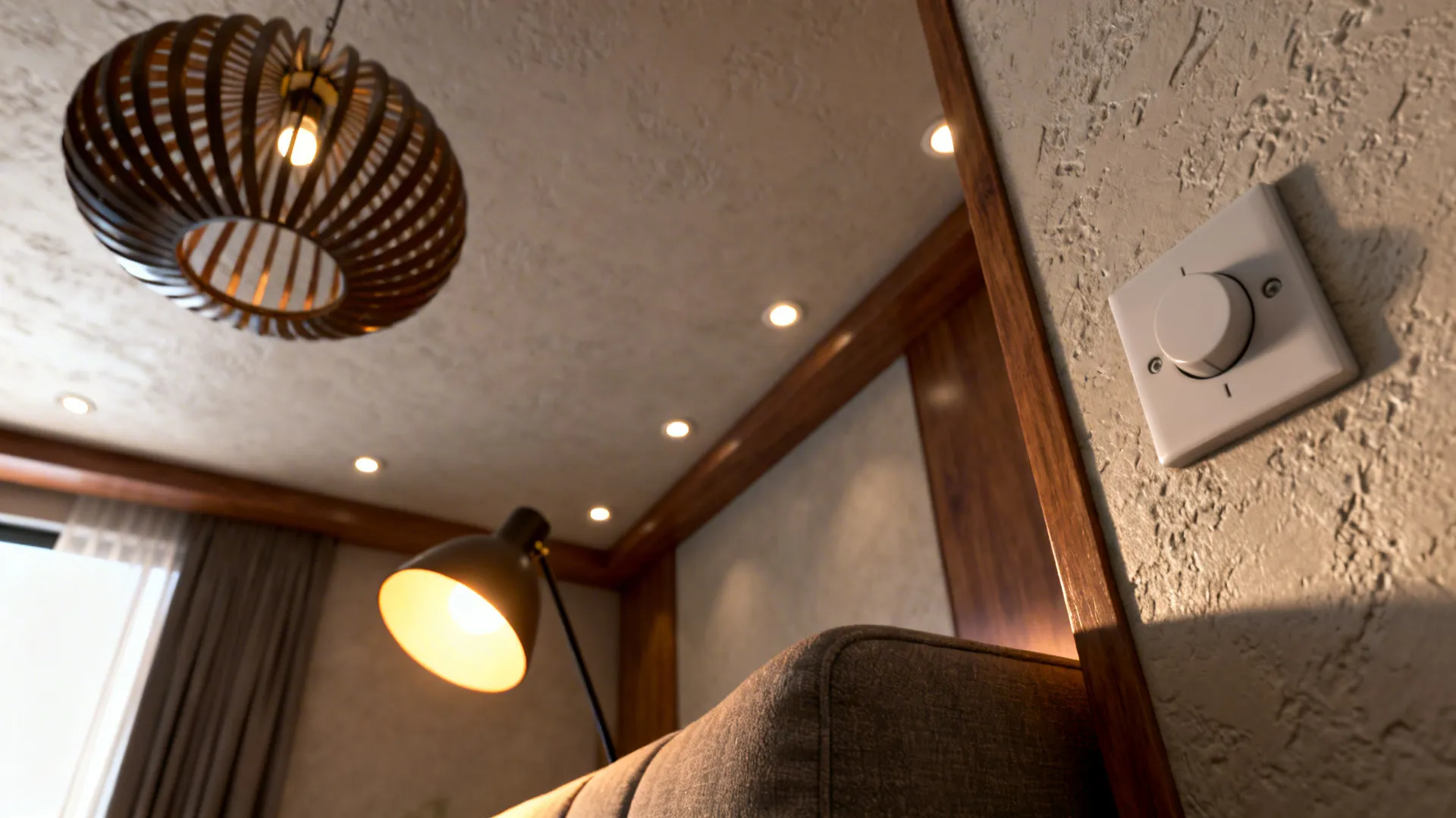 Close-up of layered lighting in a living room featuring a pendant, recessed lights and a floor lamp over textured finishes.
