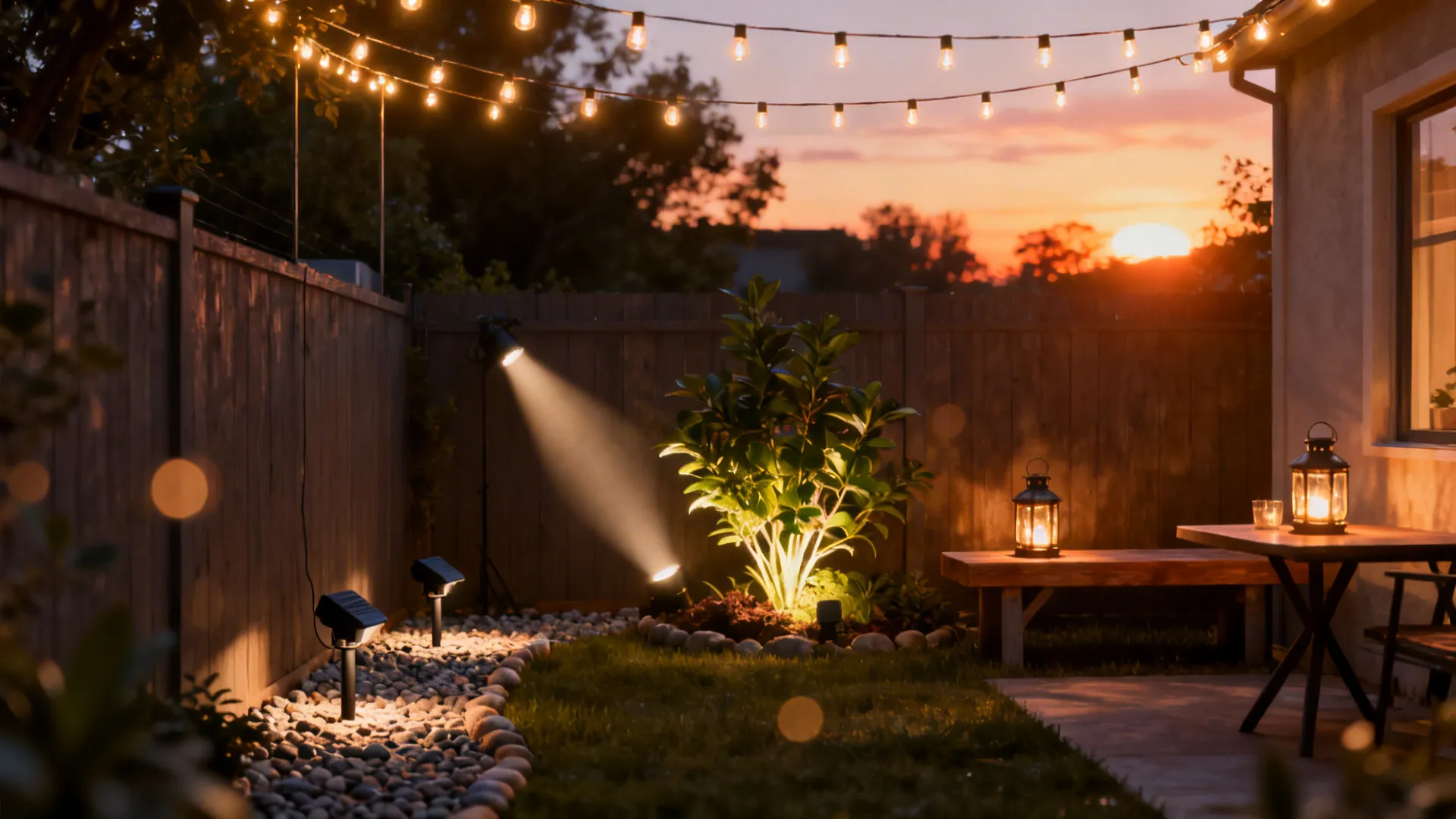 Small backyard at dusk lit by string lights, solar path lights, and a spotlight on a plant.