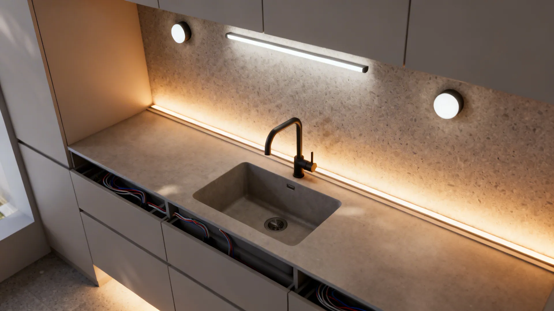 Layered lighting scheme over a kitchen sink with task and accent zones creating depth and safety.