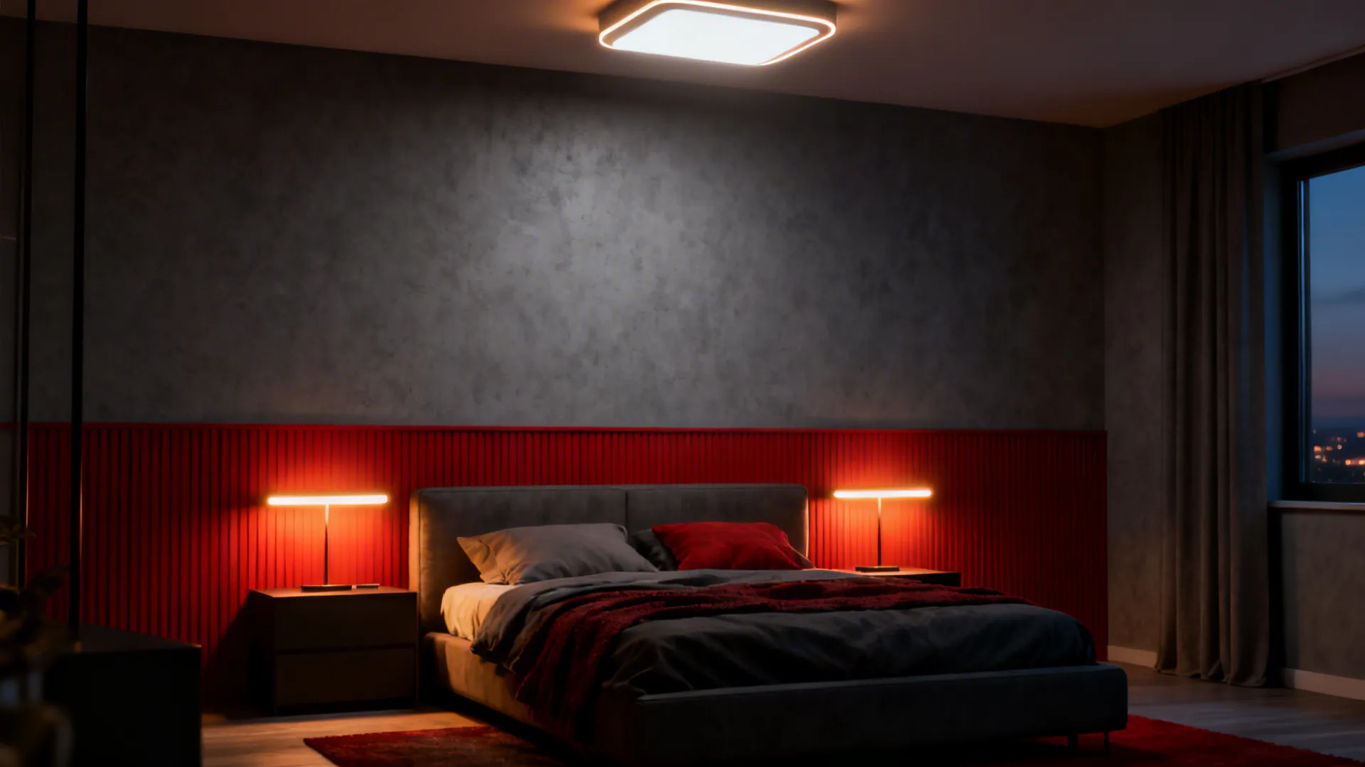 Bedroom with layered warm lighting showing how bulbs affect red tones.