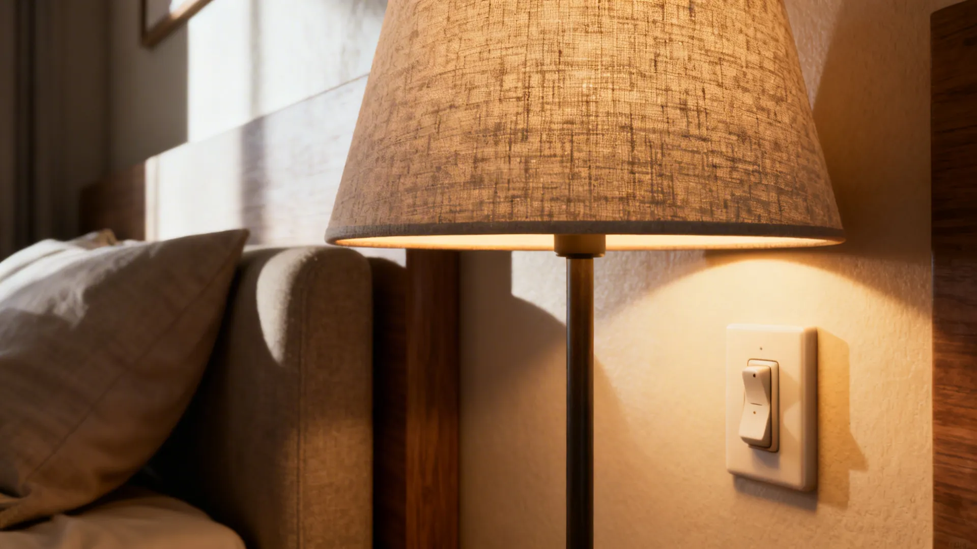 Task lamp and ambient lighting creating layered light for a bedroom sitting nook.