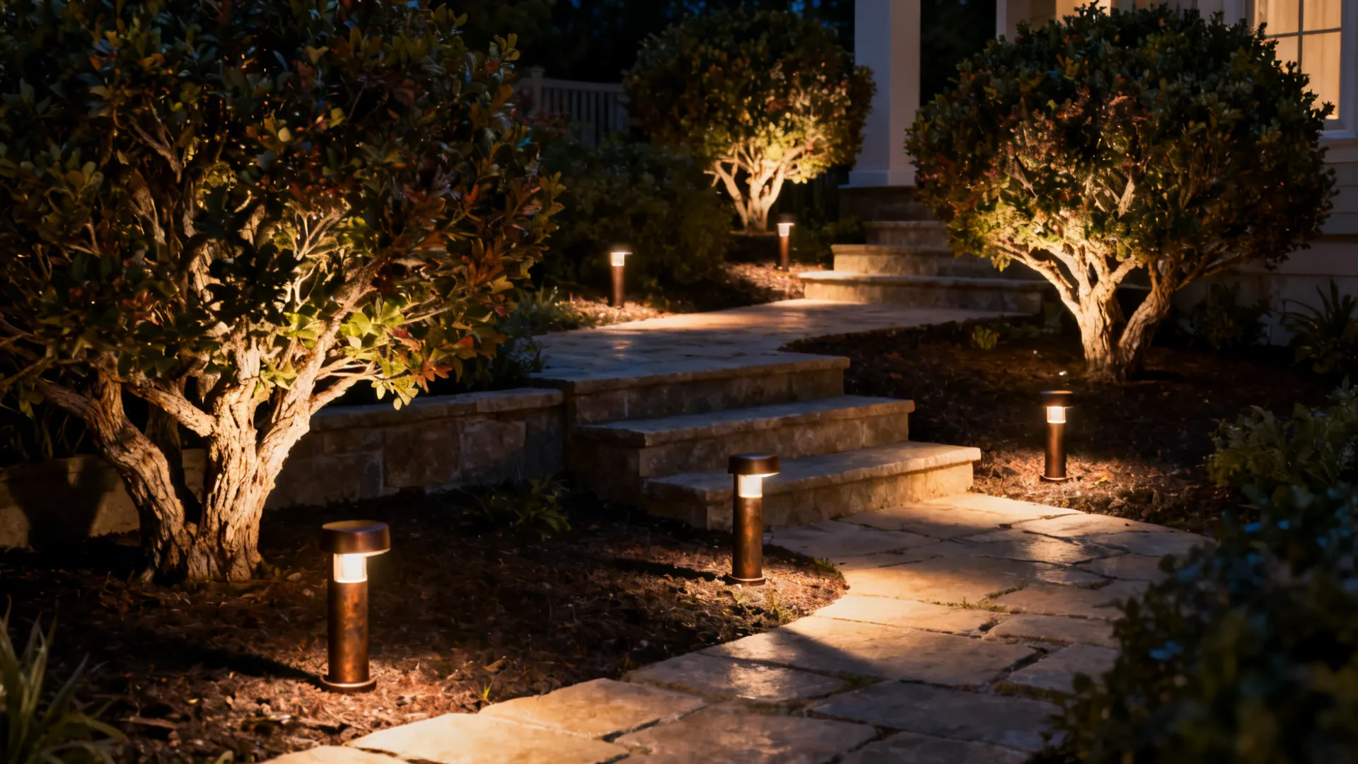 Layered landscape lighting with step lights and uplights creating depth across levels.