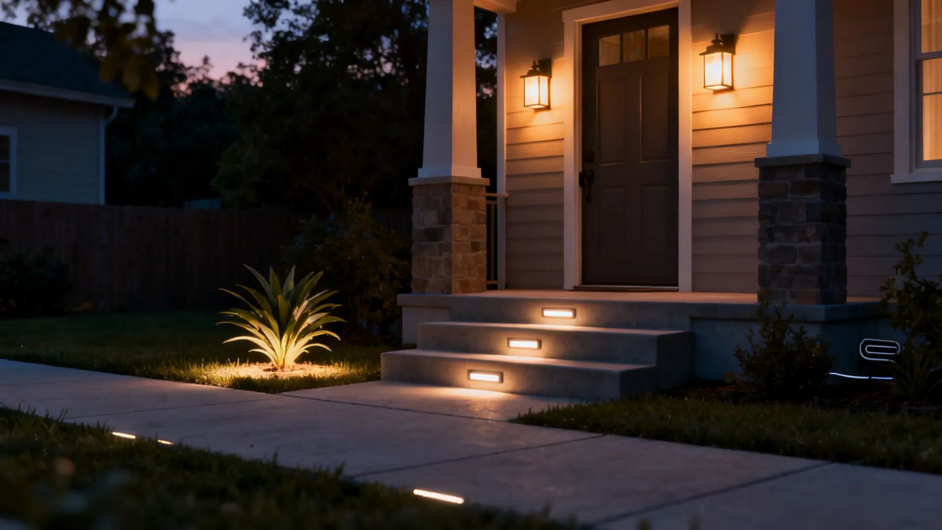 Dusk front yard with warm wall sconces, step lights and uplights on a specimen plant.