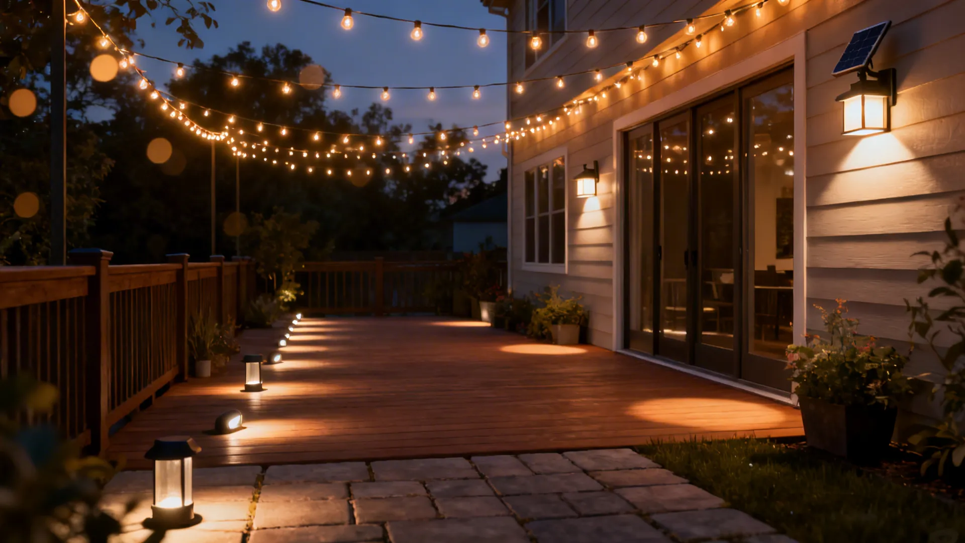 String lights, deck lights, and wall sconces creating layered lighting in a small patio at dusk