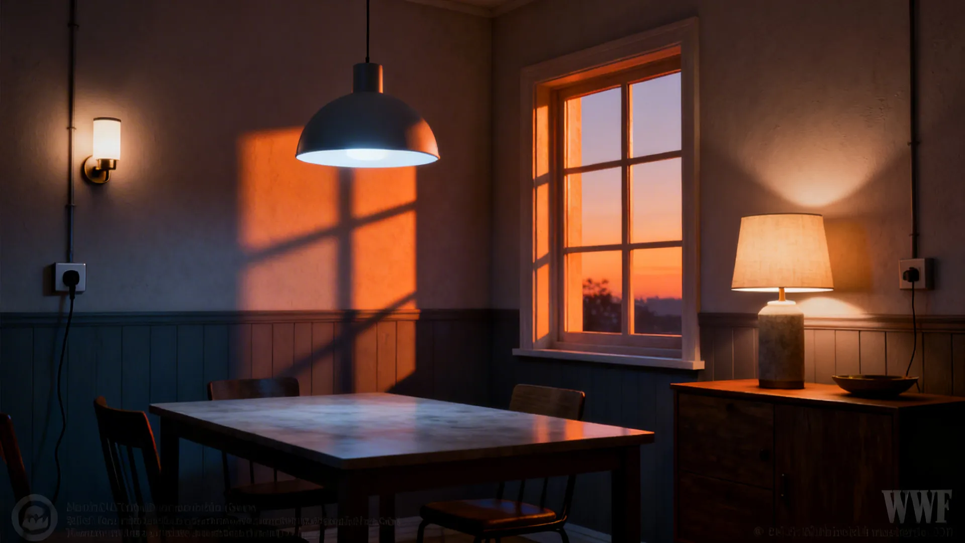 Dimly lit dining room with ceiling light table lamp cabinet and sunset view through window
