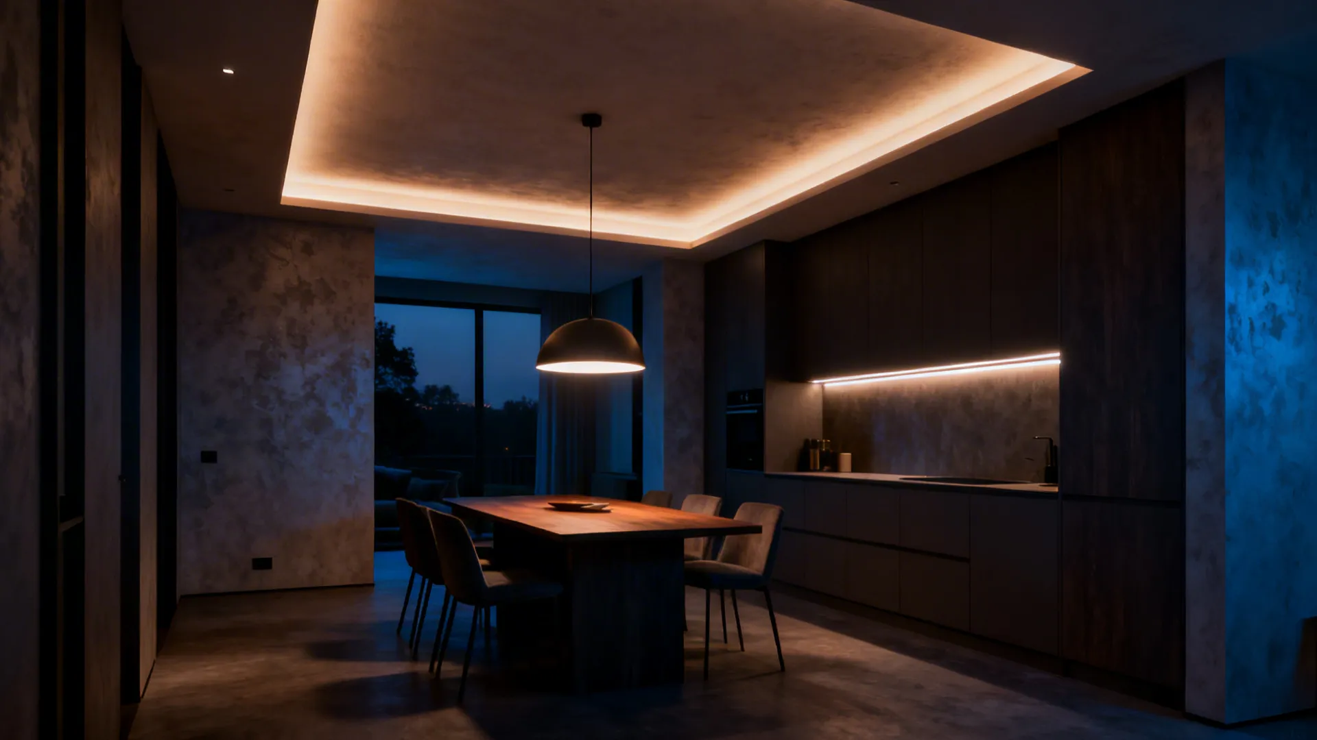 Layered lighting with recessed ambient, pendant task light, and LED accent strips in a small apartment.
