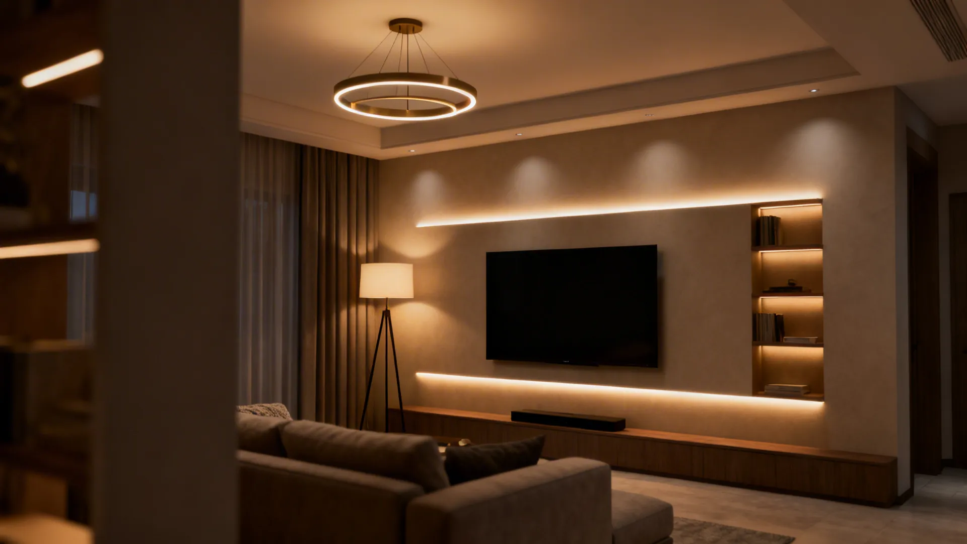 Layered lighting in a small living room with ceiling light, floor lamp, and LED strip for depth.