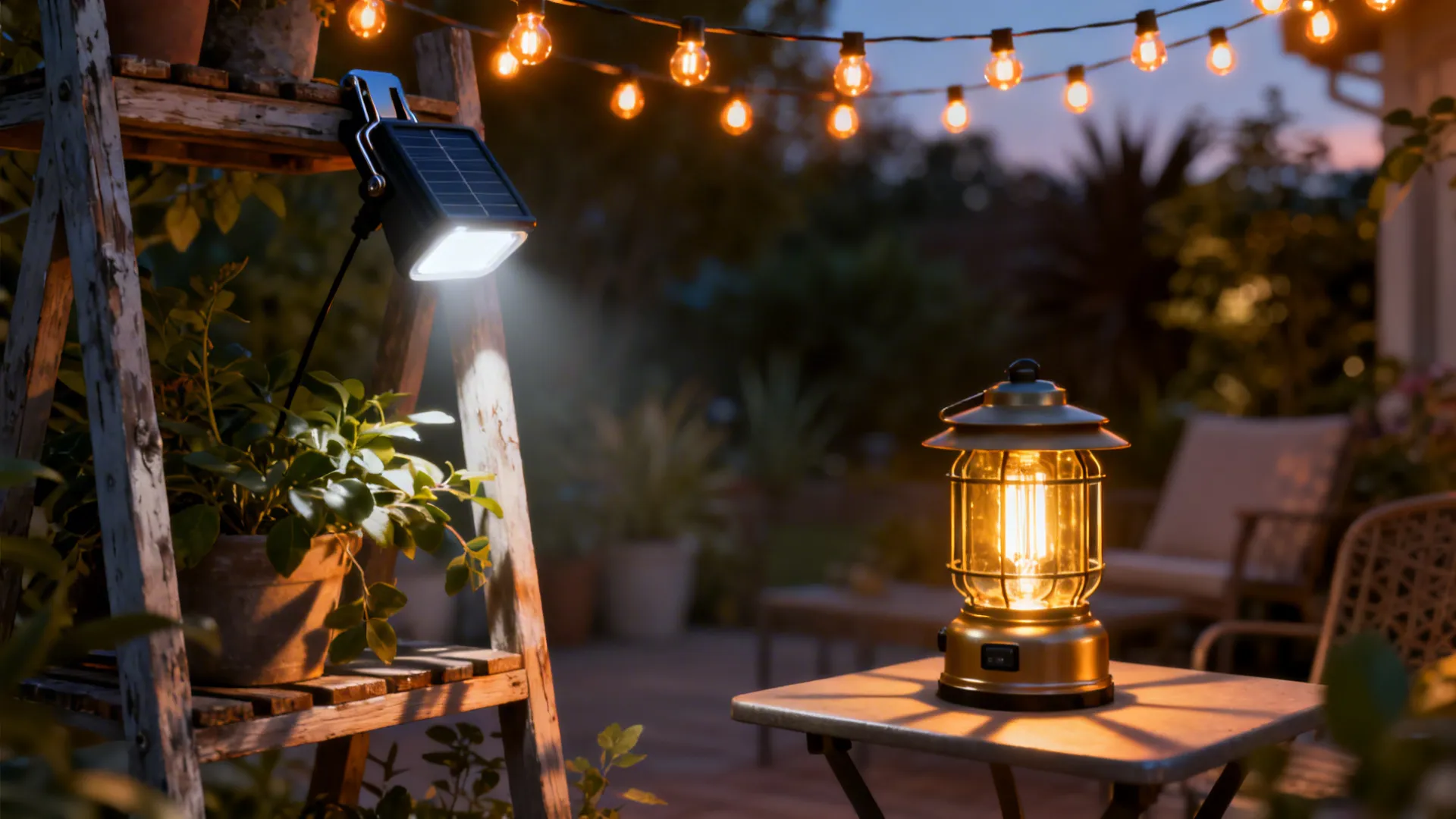 Solar string lights, clip-on LEDs and a lantern creating layered warm lighting on a patio at dusk.
