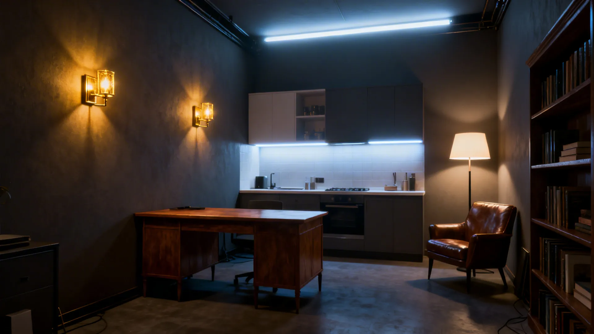 Studio interior with layered lighting: sconces, under-cabinet lights and a floor lamp creating depth.