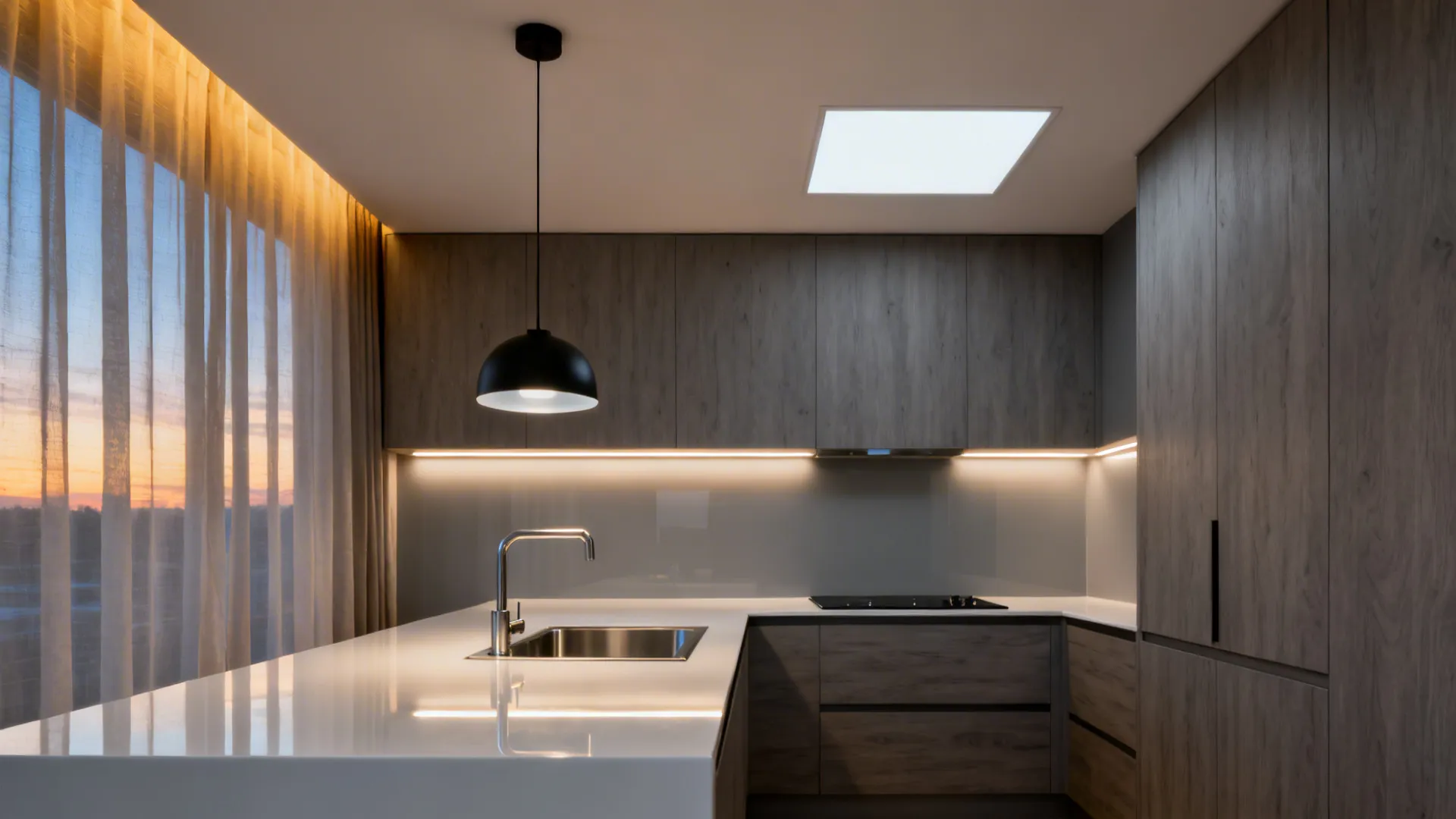 Modern kitchen featuring dark wood cabinets white countertop sink black ceiling light and warm accent lighting