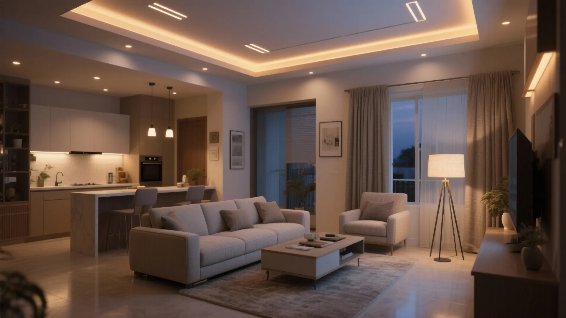 Modern open living room with grey sofa floor lamp ceiling lights kitchen bar and curtains
