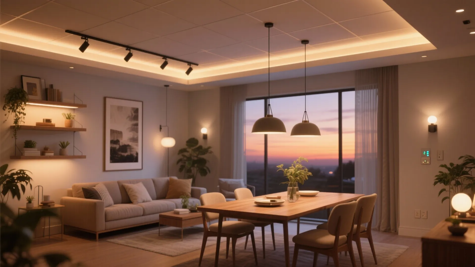 Living room with warm ceiling light, wall light, and dining table under sunset view through windows