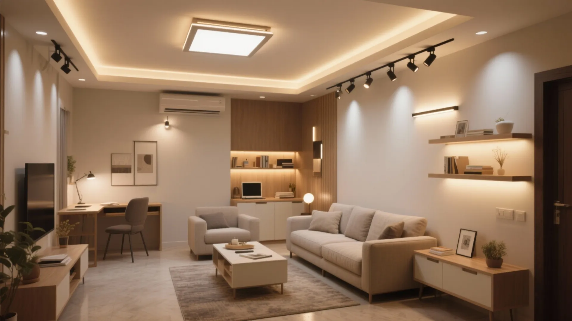 Modern living room with ceiling light track lights wall lights sofa and home office desk
