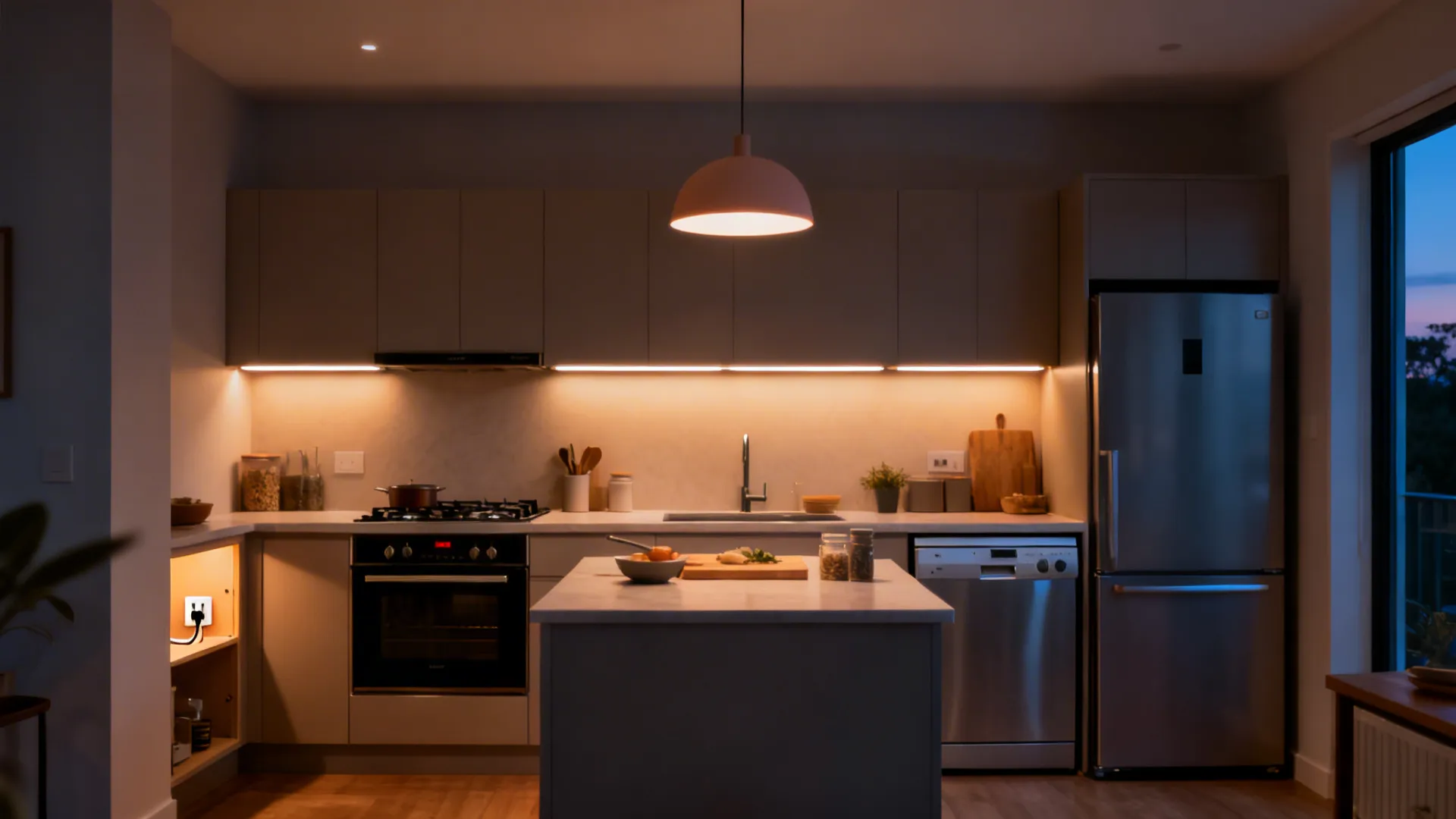 Dusk scene of a 4x4 kitchen with layered LEDs and compact appliances for clear workflow.