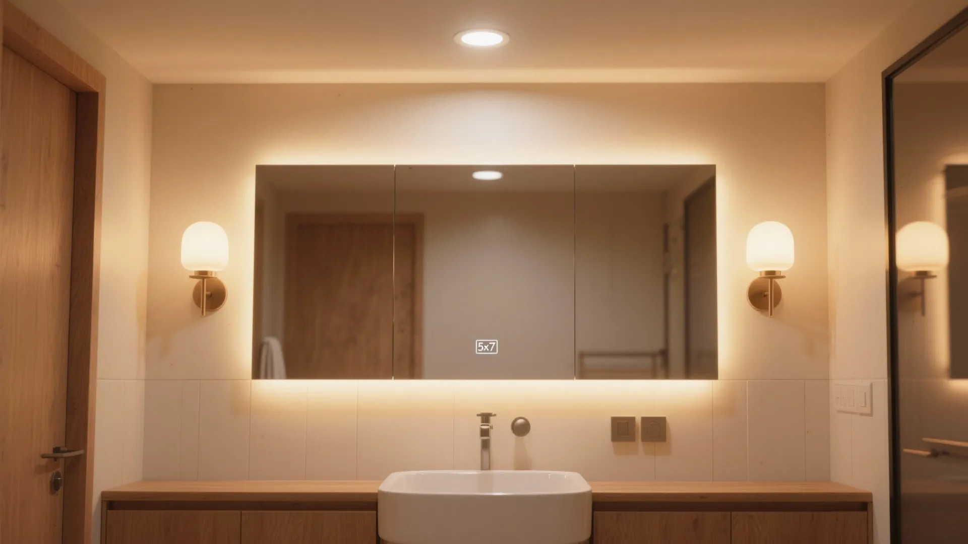 Modern bathroom vanity featuring backlit mirror with wall lights on both sides above white sink