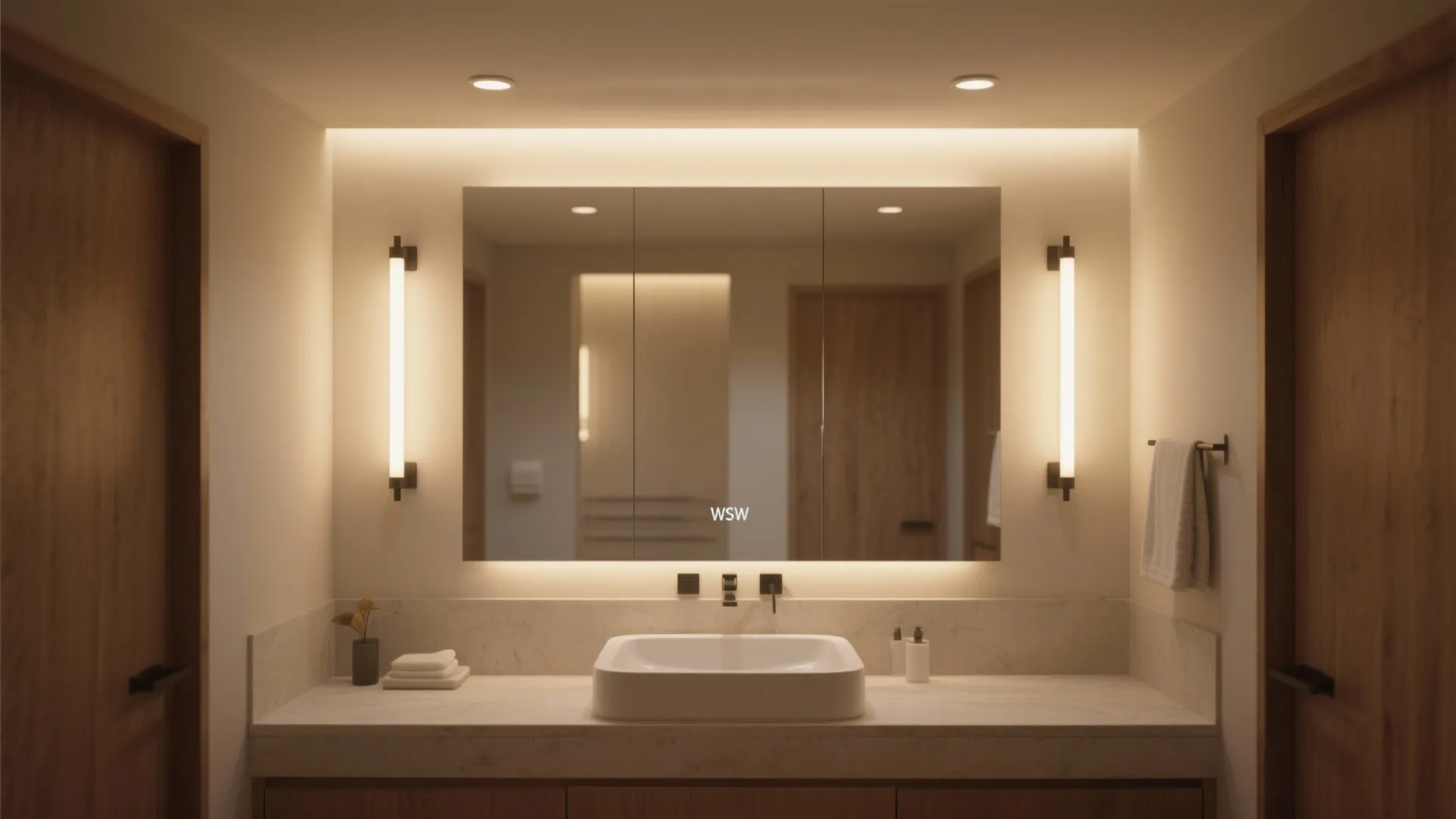 Modern bathroom vanity with large lighted mirror two wall lights white sink and wooden doors