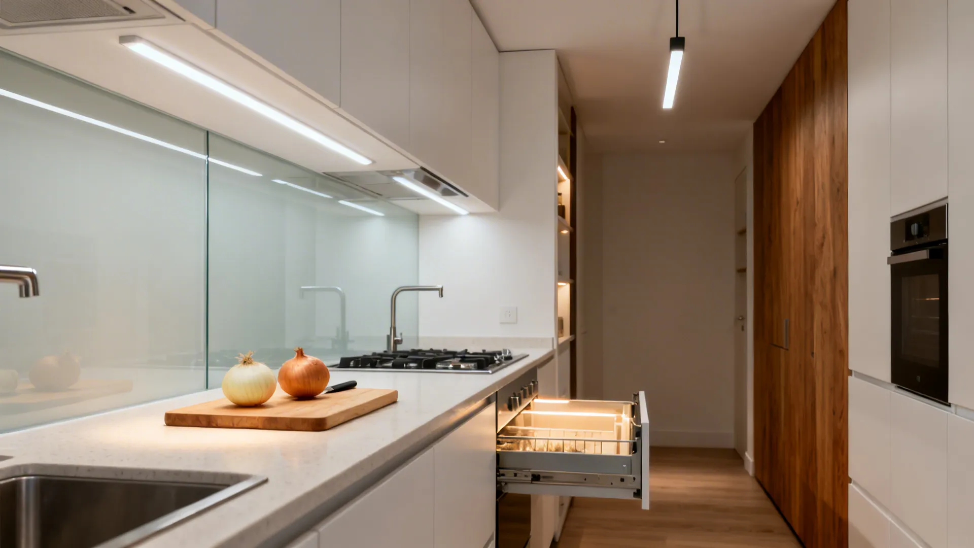 Modern white kitchen with under cabinet lighting wooden cutting board onions stove and lighted drawer