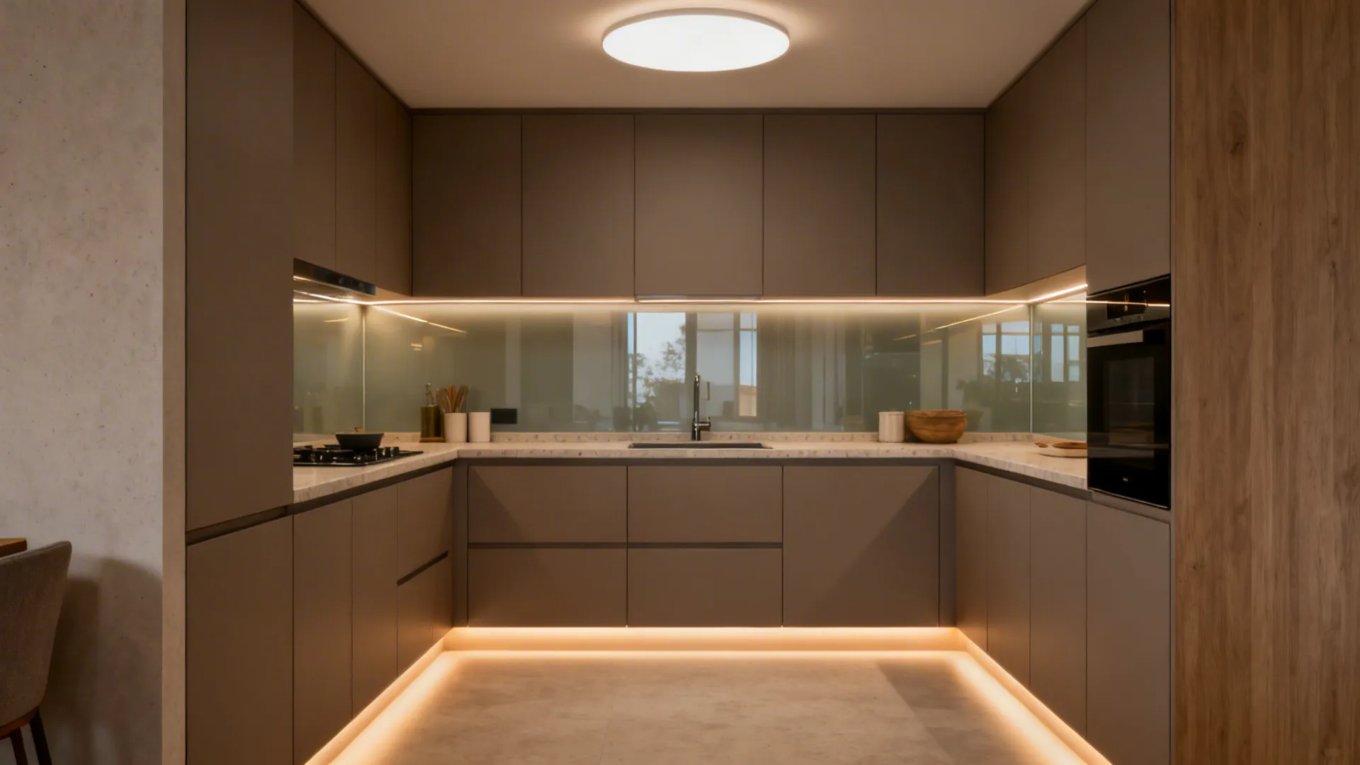 6x4 kitchen with ceiling light, warm under-cabinet LEDs, and toe-kick glow.