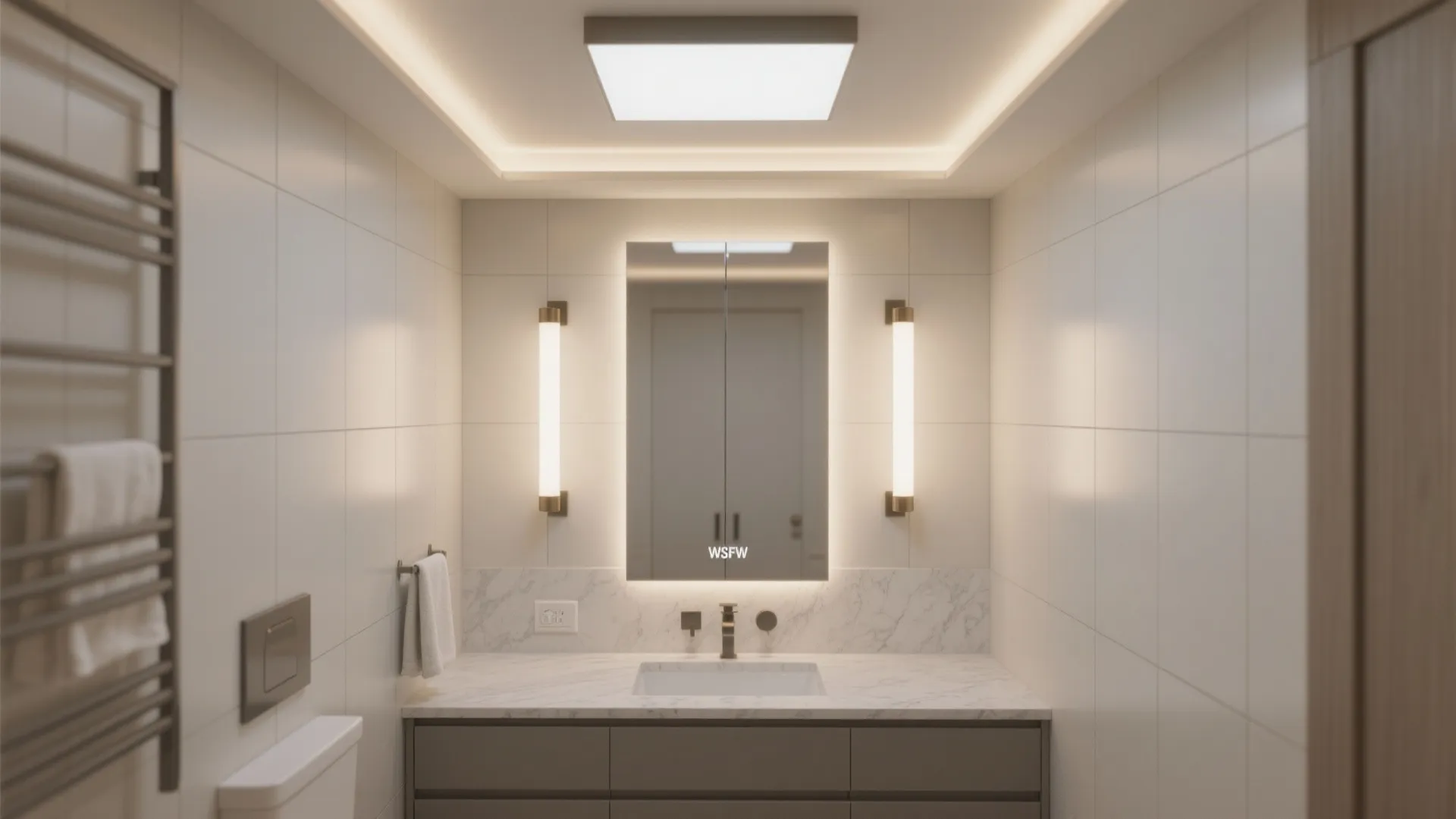 Modern bathroom with white wall lights and square ceiling light over marble counter and grey cabinet