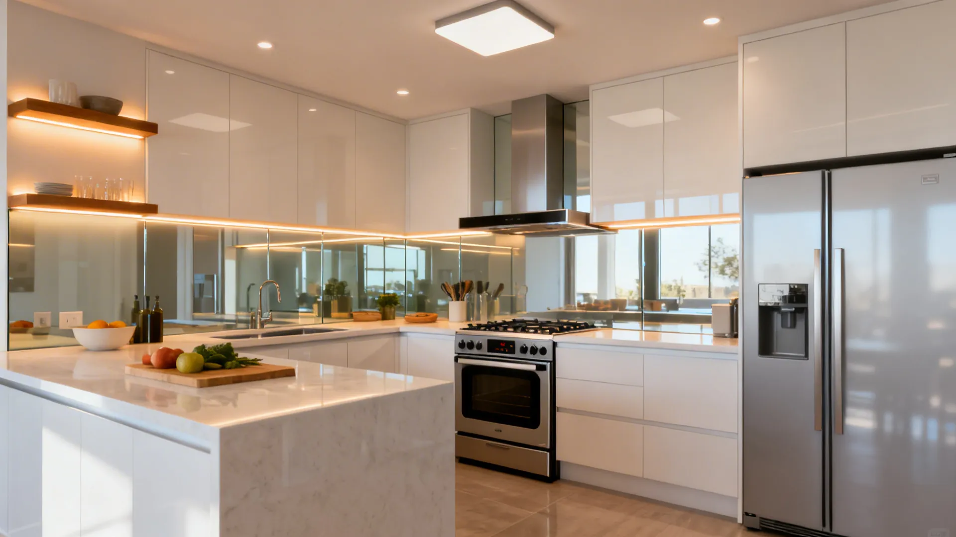 Compact kitchen with task, ambient, and accent lighting plus slim 24-inch appliances.