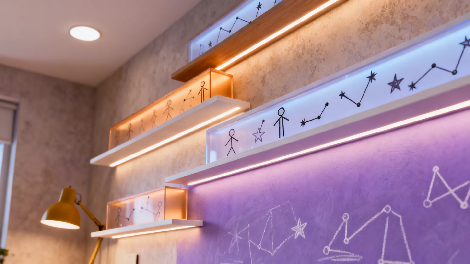 Teen room with LED strip lighting, task lamps, and a bold accent wall for personality