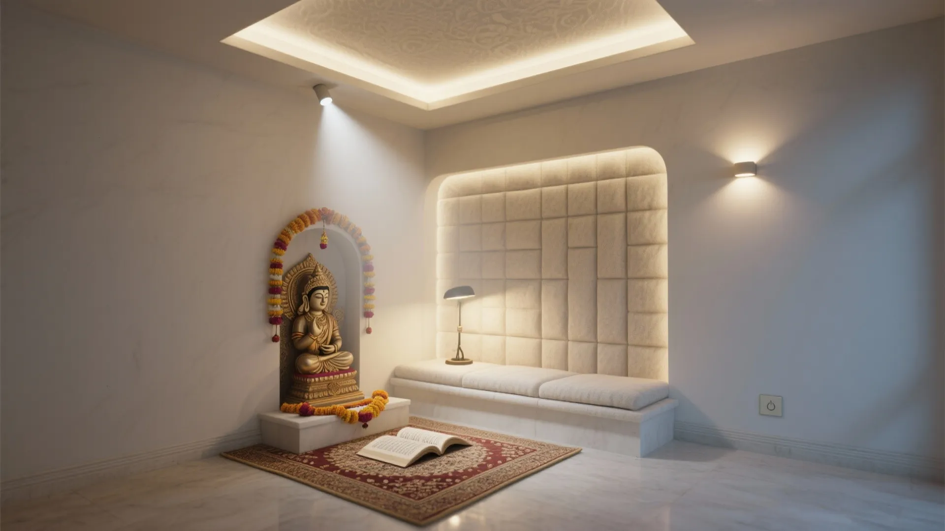 Meditation room with golden statue on wall shelf with wood cabinet and small floor rug