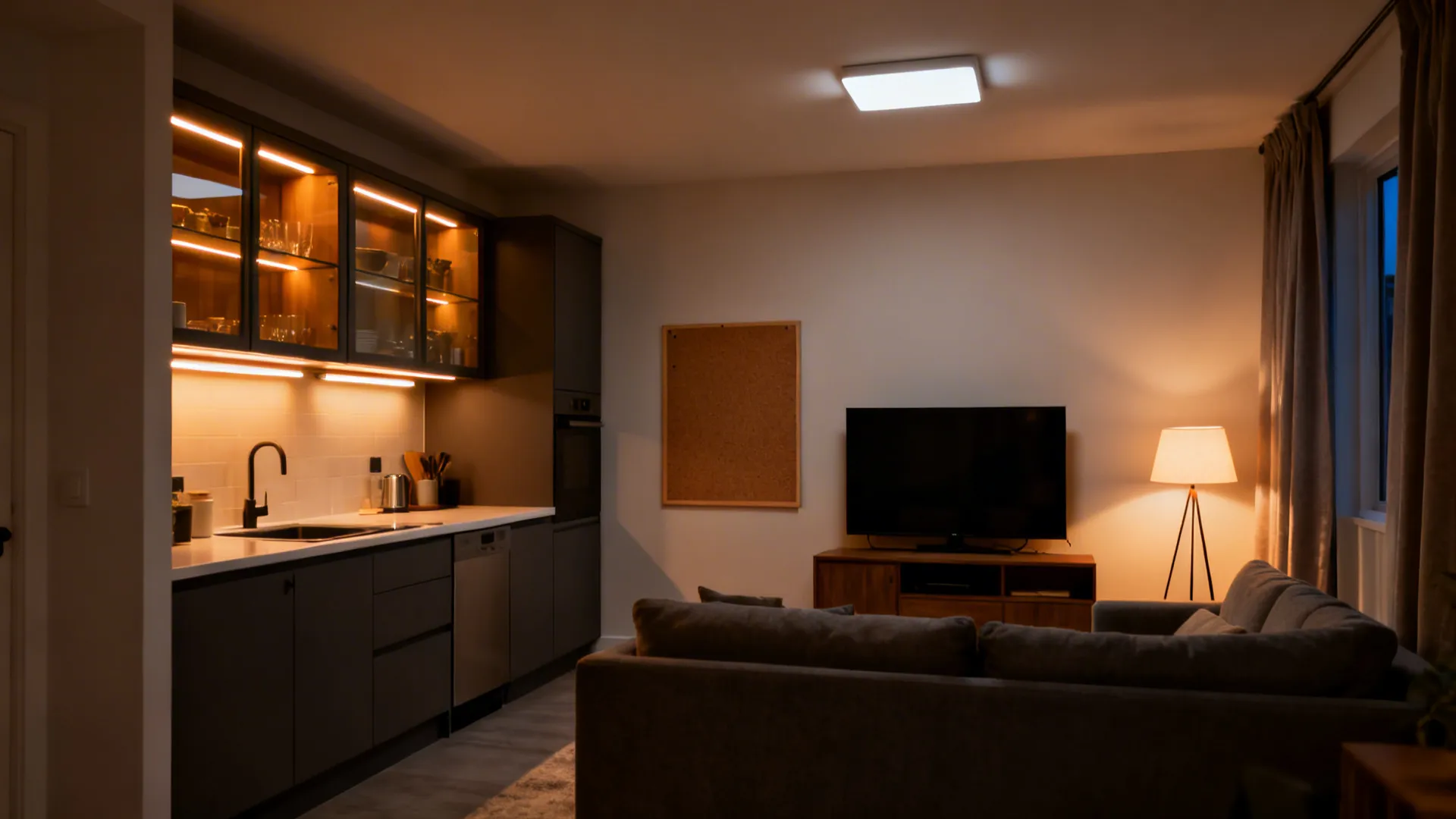Evening view with under-cabinet strips, warm ambient light, and acoustic panels.