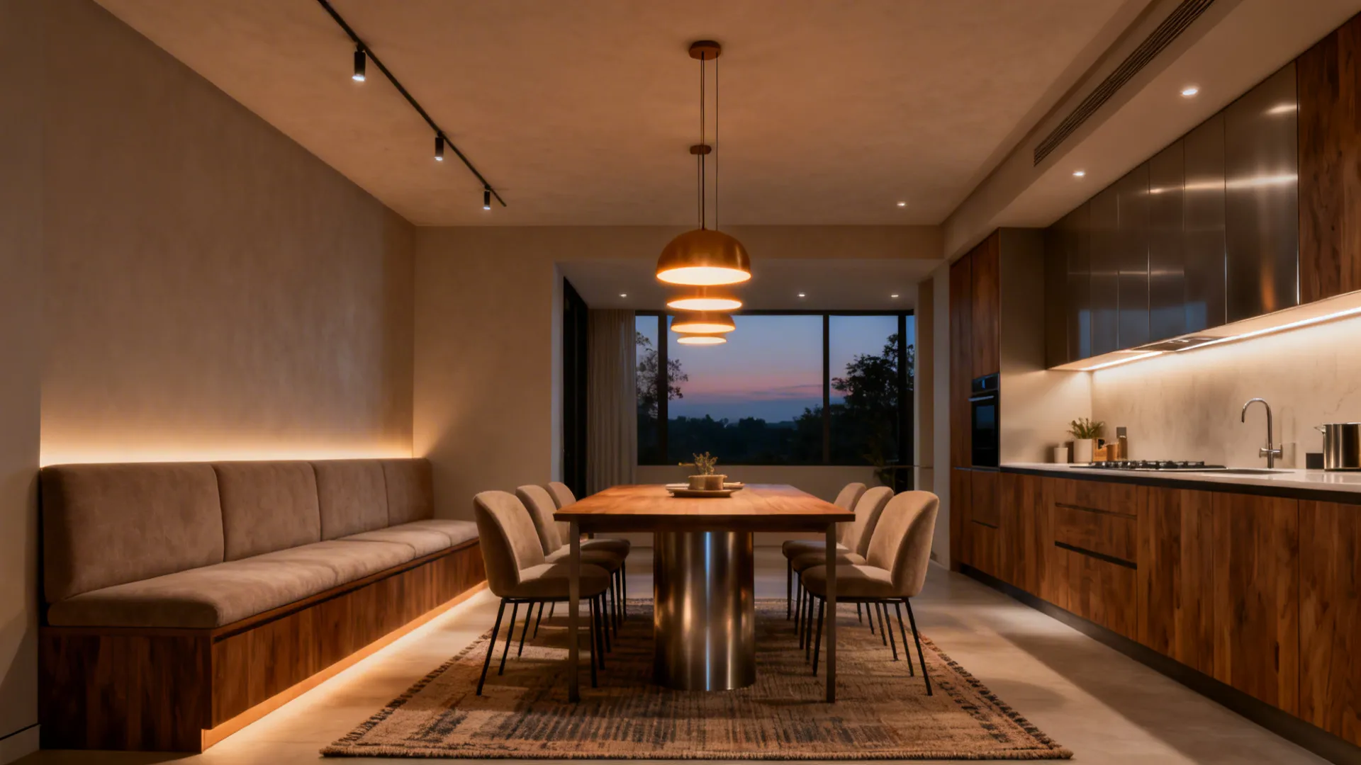 Warm pendants, task lights, and ambient fixtures with soft textiles for acoustic comfort.