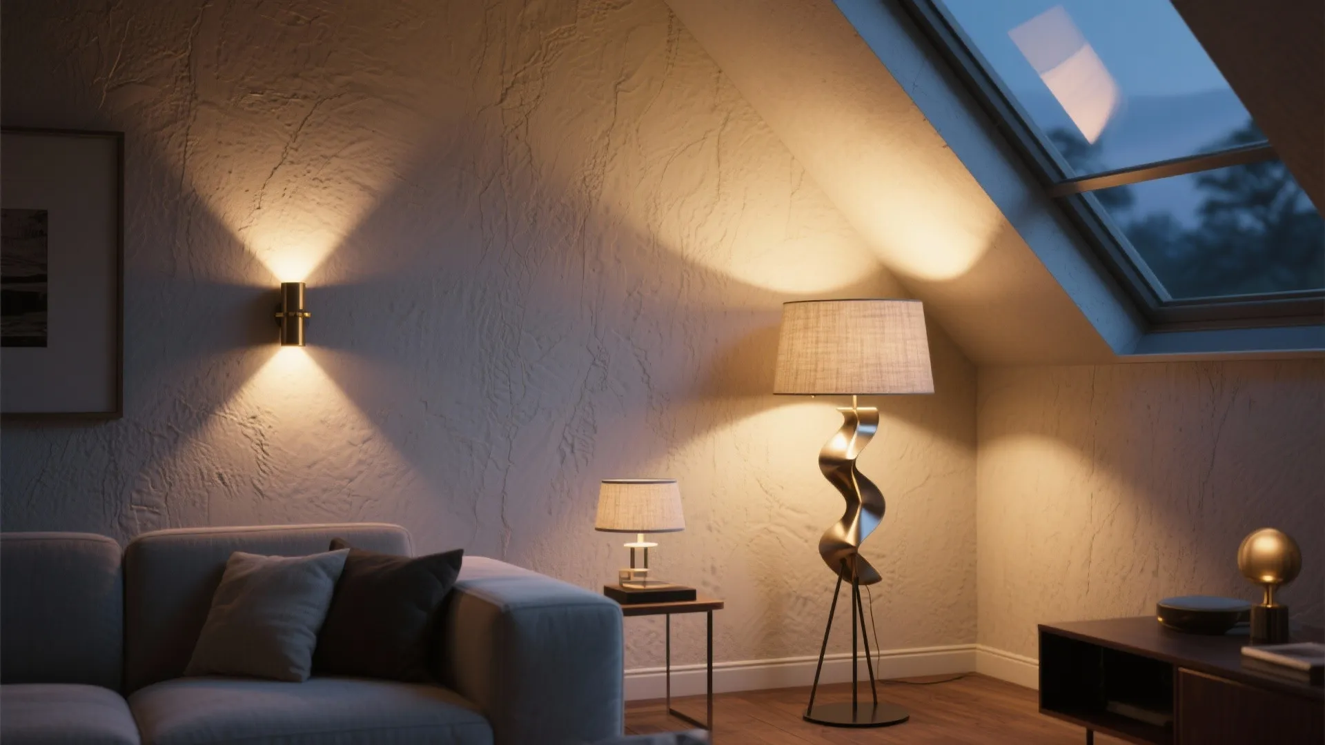 5. Layered Lighting with Wall Sconces and Floor Lamp