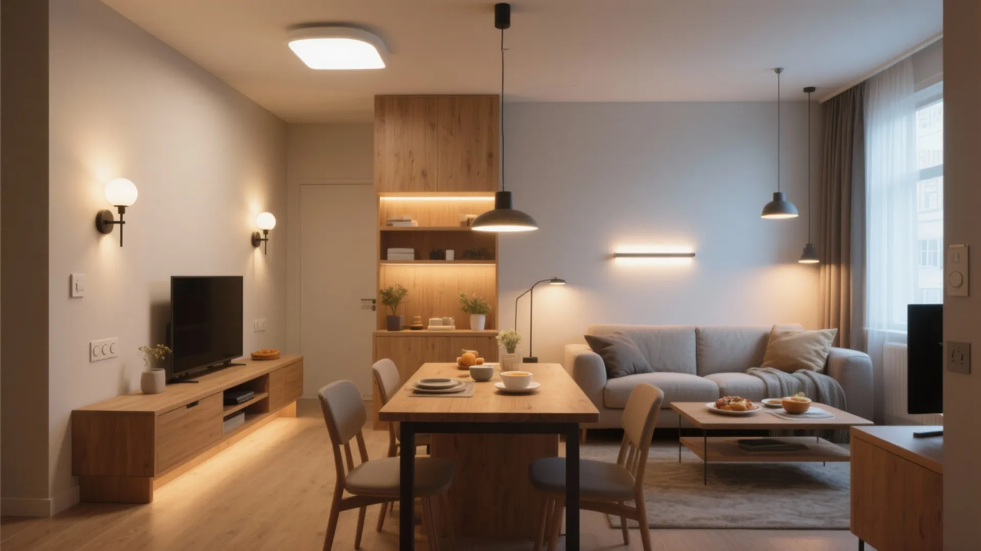 Layered lighting with dimmers and warm color temperature