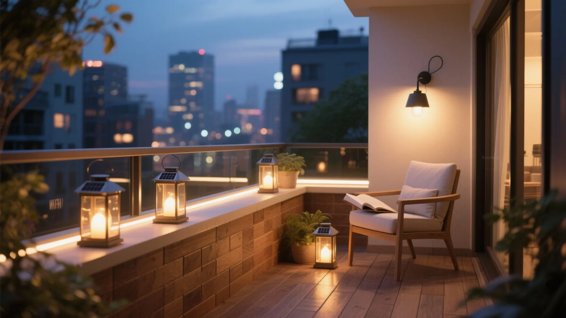Cozy night balcony with wall light lanterns arm chair and books against a city backdrop