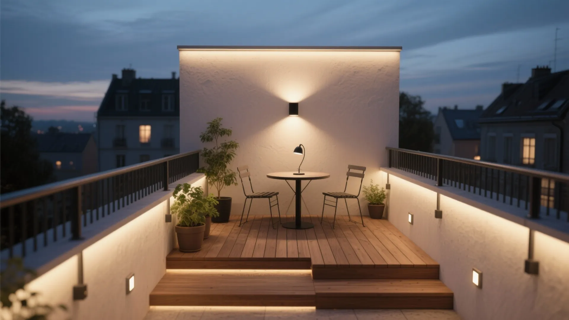 Tiny balcony with layered path markers, wall wash, and a warm task light over a bistro table.