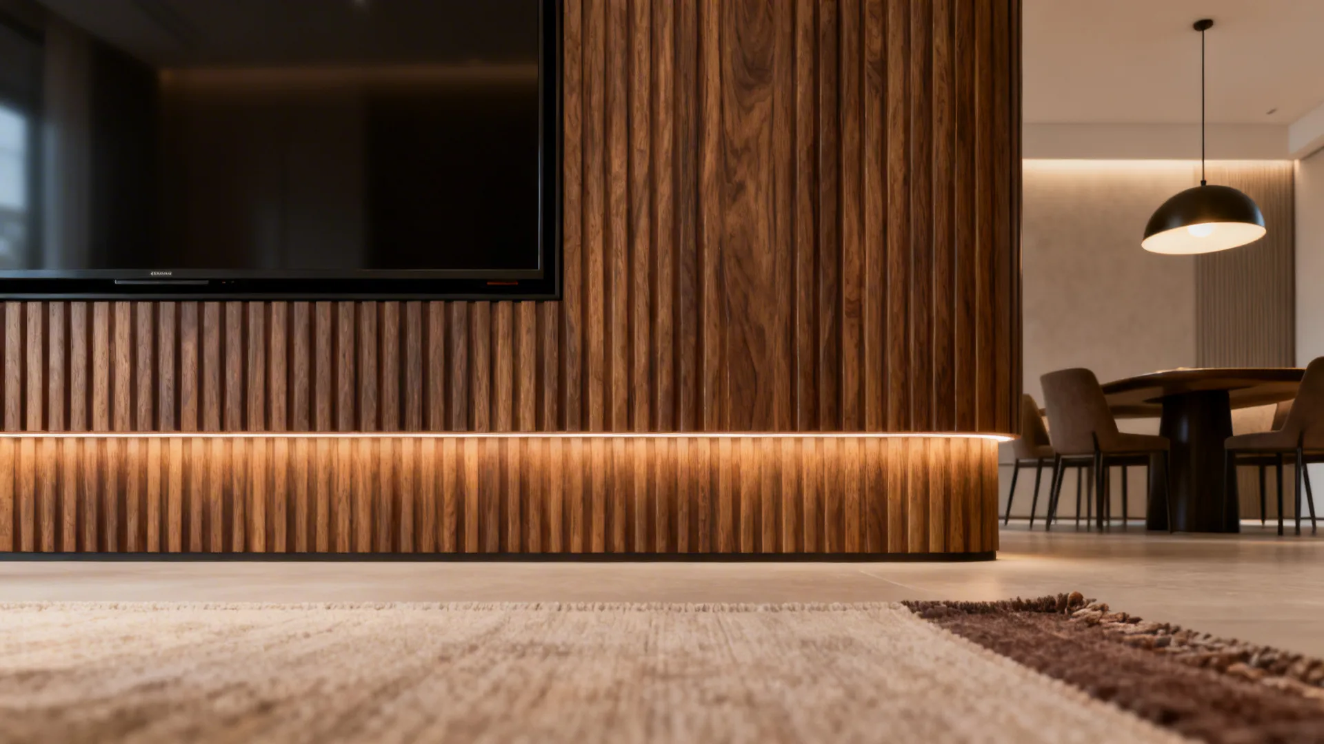Detail of layered lighting and material bands: wood panel, rug texture, and pendant light creating visual breaks in a long room.