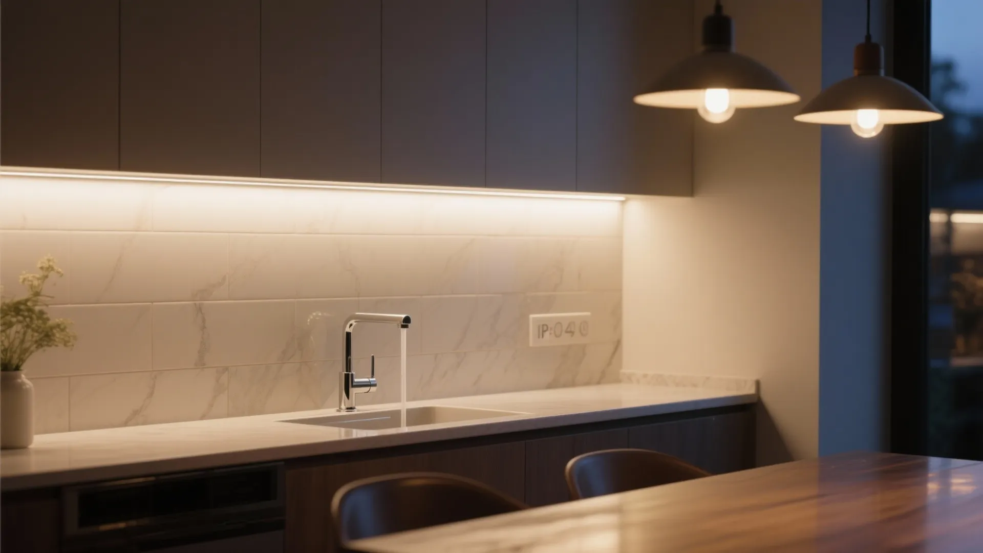 Kitchen sink area with warm under cabinet light strip marble wall tiles and two ceiling lights