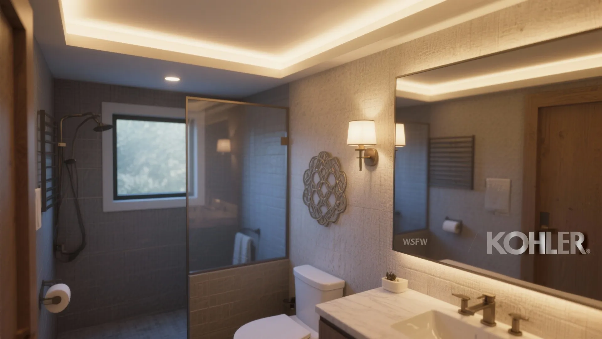 Small bathroom with recessed lighting and statement sconce