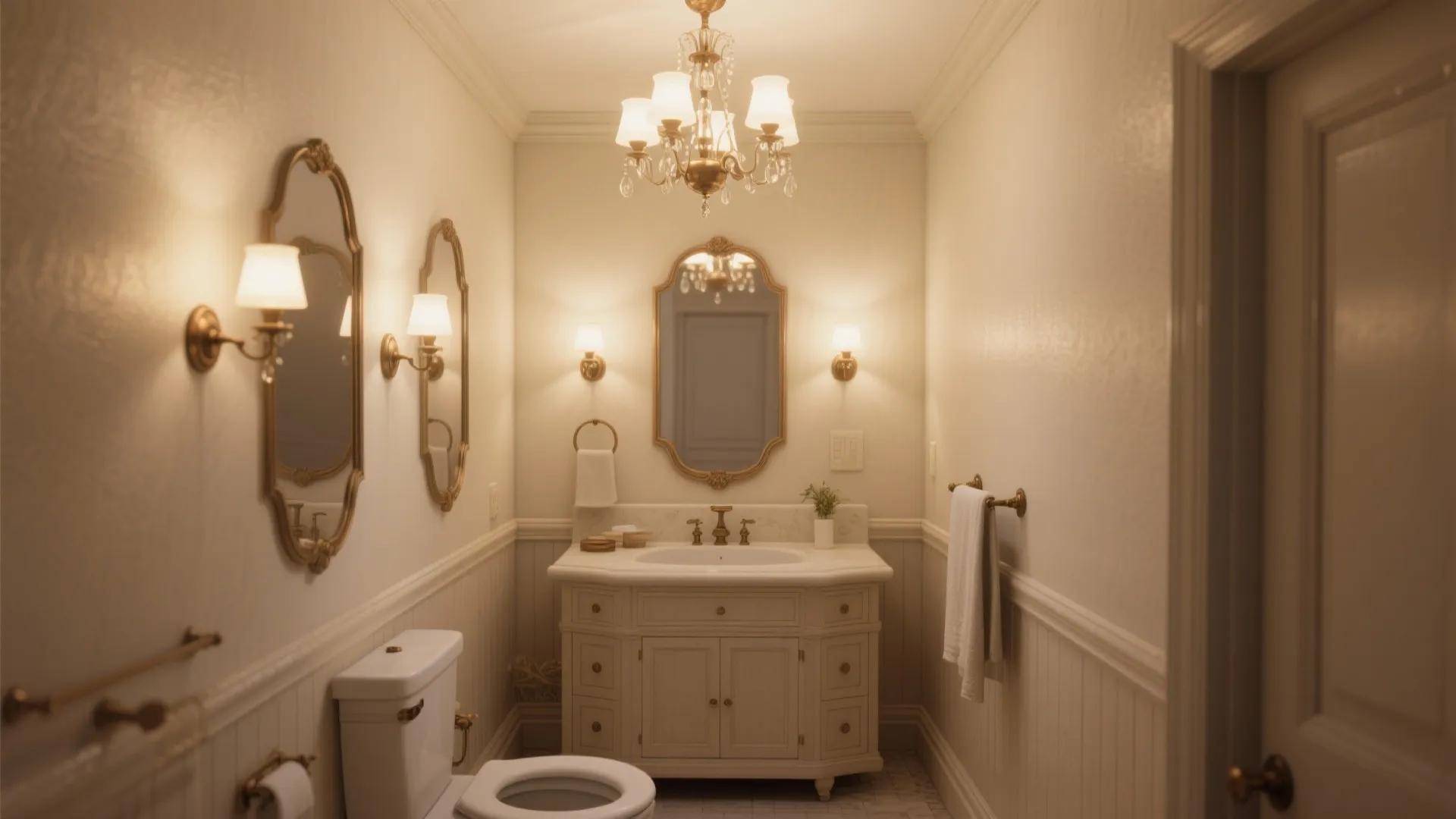 Classic bathroom with gold ceiling light wall light fixtures white cabinet and a framed mirror