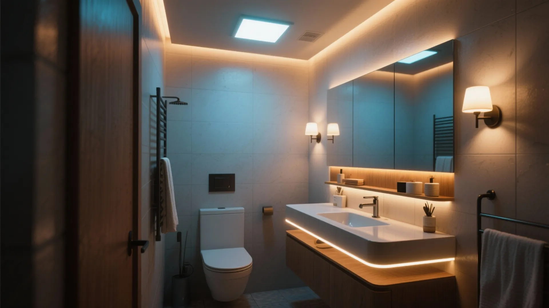 Modern bathroom featuring warm wall lights glowing mirror backlight white toilet and sleek wood floating vanity