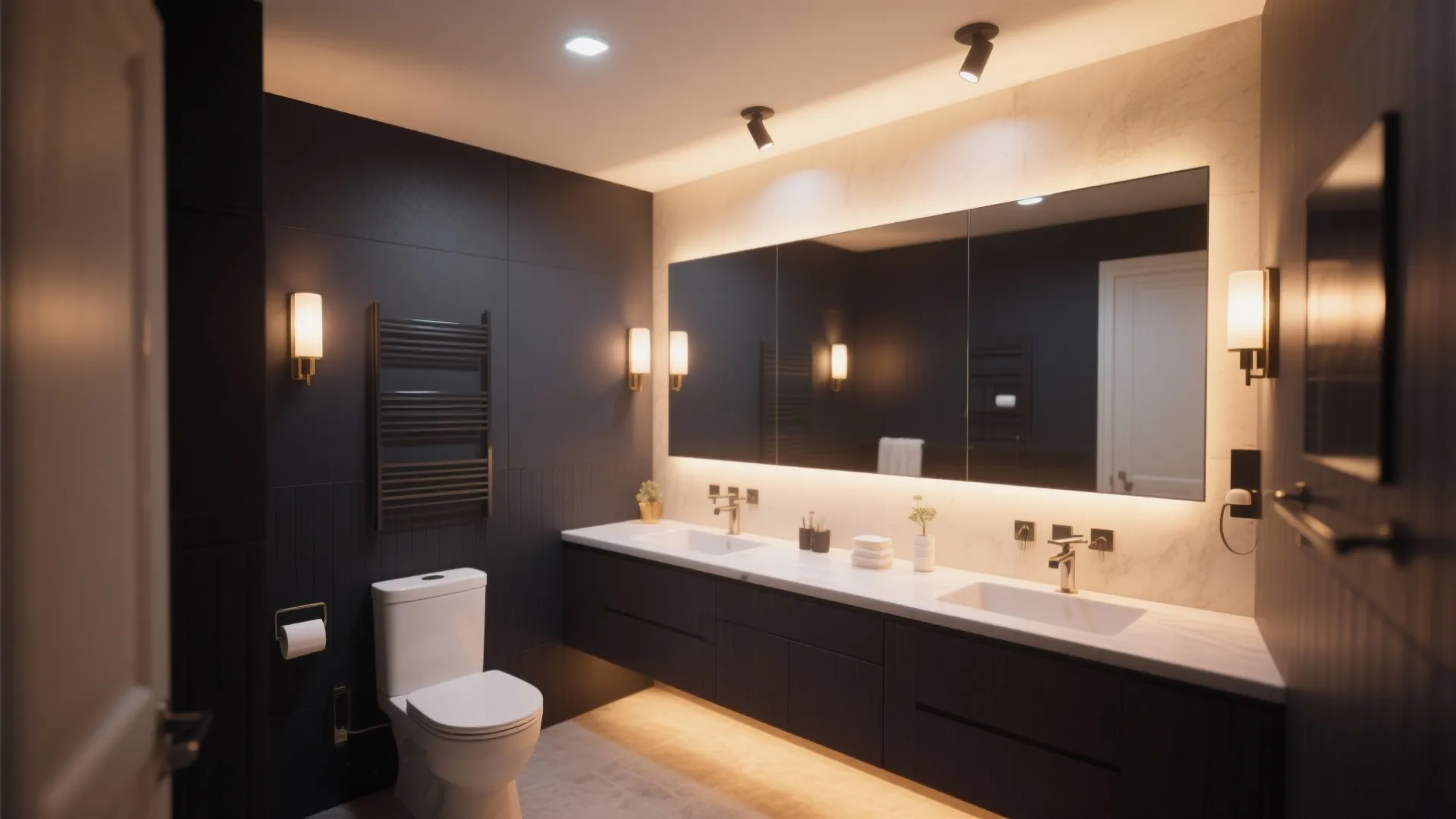 Modern bathroom with double sink cabinet large mirror wall lights ceiling lights and dark wall tiles