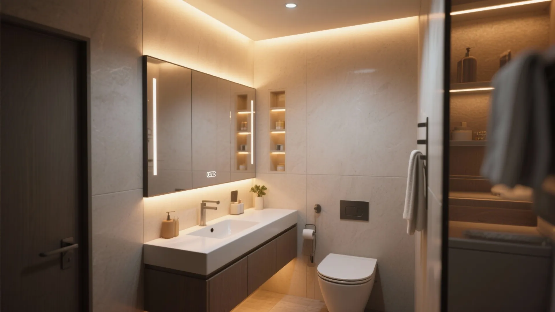 Modern bathroom featuring a floating cabinet vanity with a large lit mirror and white toilet